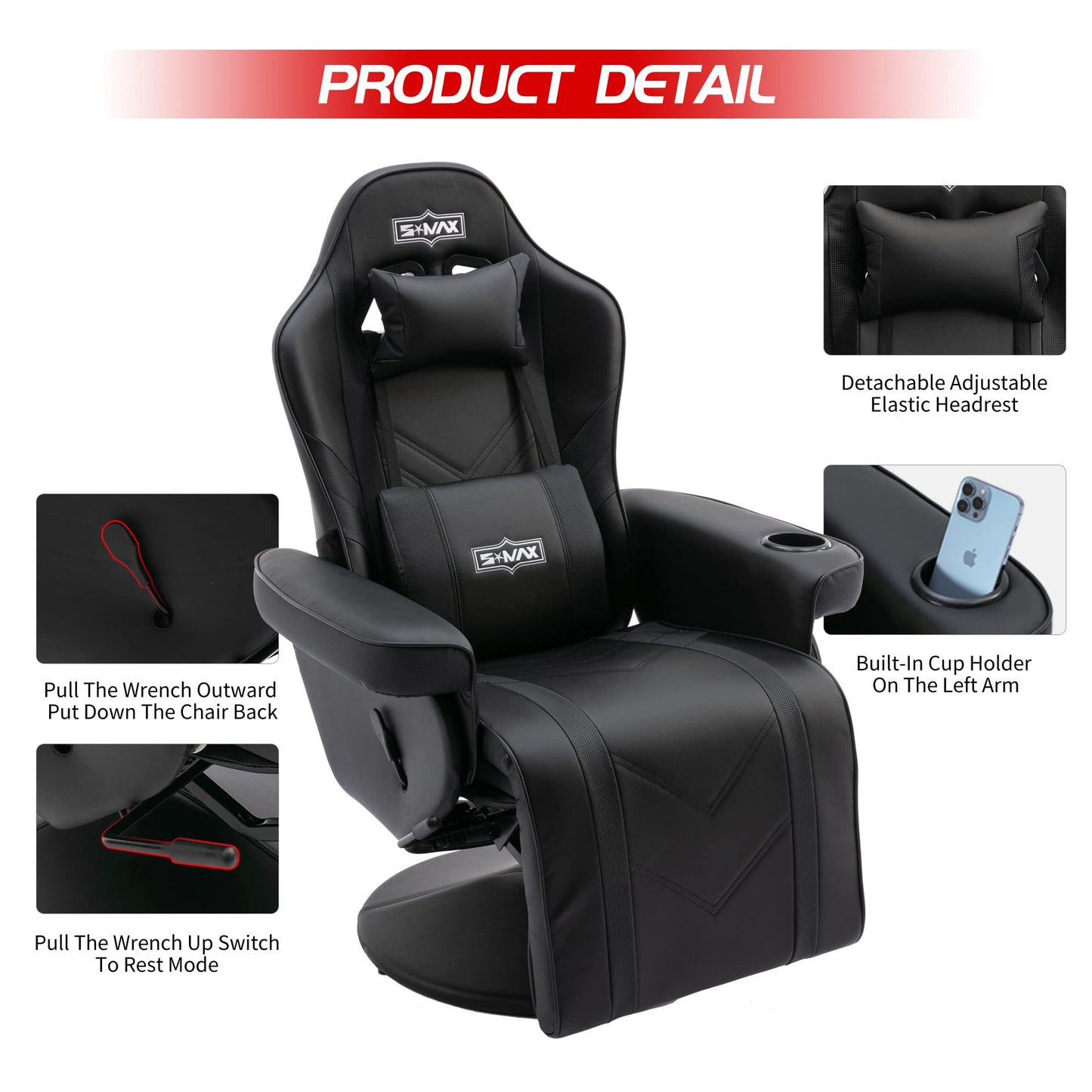 S*MAX Gaming Recliner Chair for Adults Higher Back and Wider Lumbar Support Swivel PU Leather Gaming Chair with Footrest Larger Cup Holder Black X Large