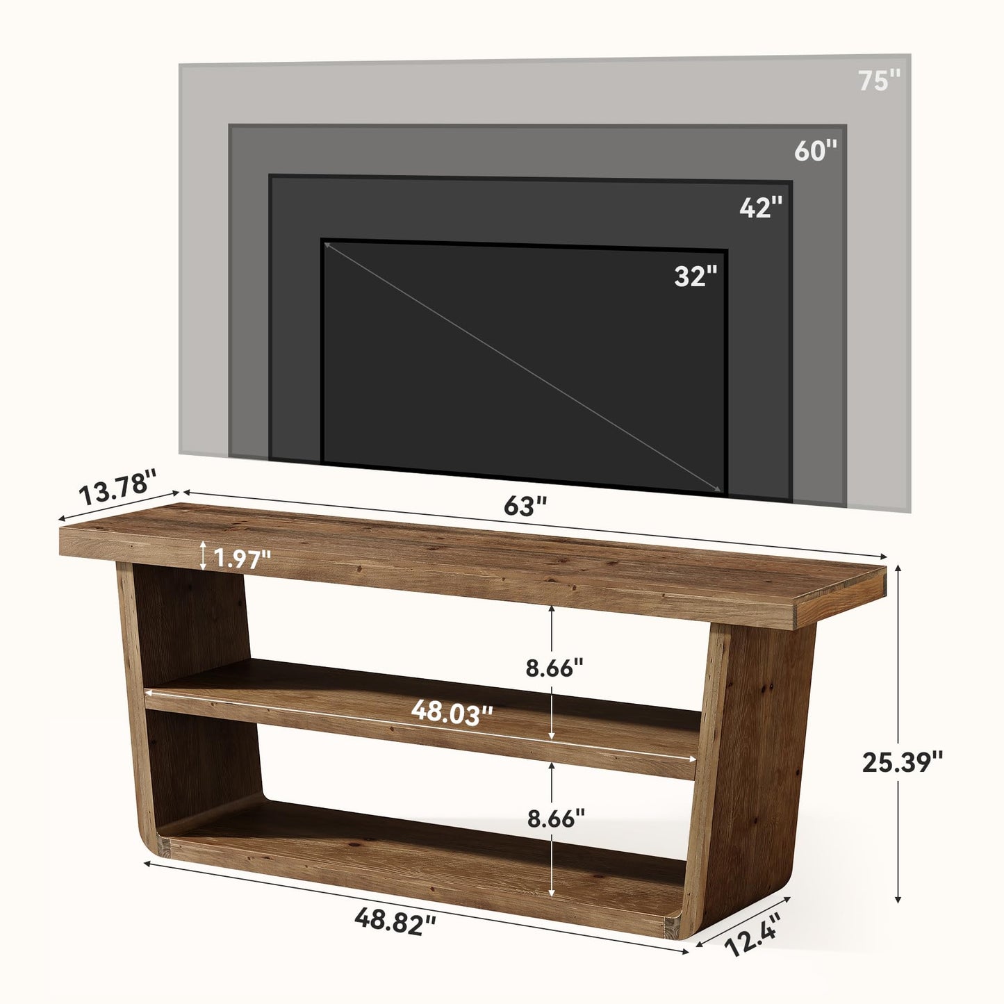 TRIBEWOOD 63" Solid Wood TV Stand, 3-Tier Entertainment Center with Storage, Farmhouse Television Stand for 55/60/65/75-Inch TVs, Wooden TV Table for Living Room, Bedroom