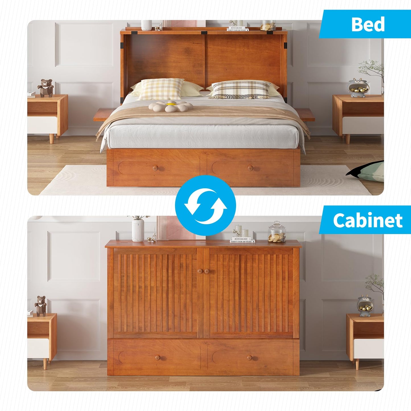 Mjkone Queen Murphy Bed Cabinet with Tri-Fold Mattress Included, Storage & Charging Station & Headboard Side Panel, 63"W Wood Murphy Cabinet Chest Beds, Guest Wall Bed for Living Room, Bedroom, Cherry
