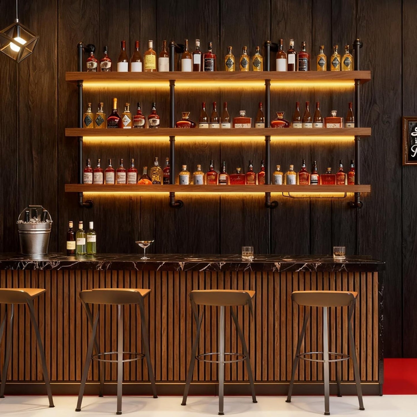 Dawselod Solid Wood Wine Racks Wall Mounted with LED Lights, Metal Wine Bottles Display Shelf, Industrial Floating Lighted Bar Shelves Liquor Rack for Home & Dining Room (120cm/47.2in)