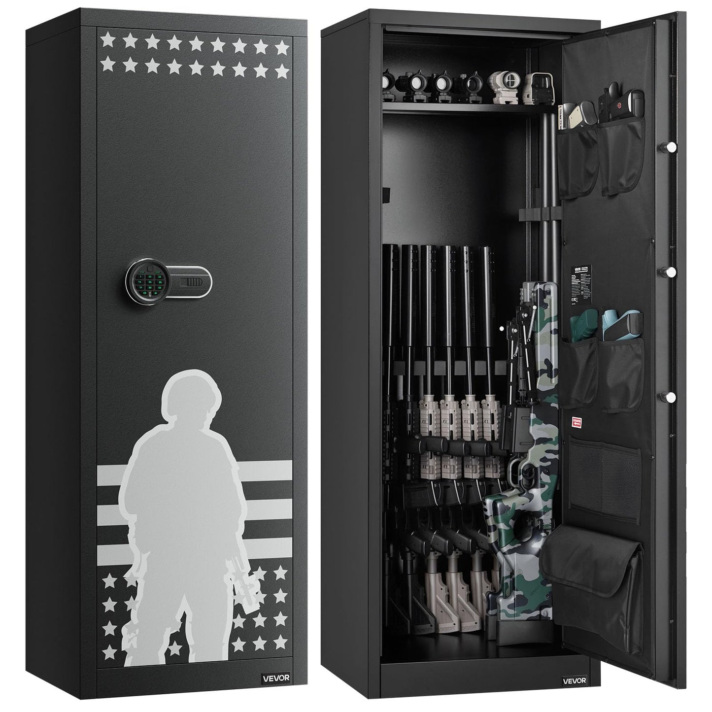 VEVOR 10-12 Gun Safe, Long Gun Cabinet for Rifles and Pistols, Quick Access Rifle Safe with 4 Pistol Pockets and 3 Adjustable Racks, Large Digital Cabinet with Key and Password Lock(Assembly Required)