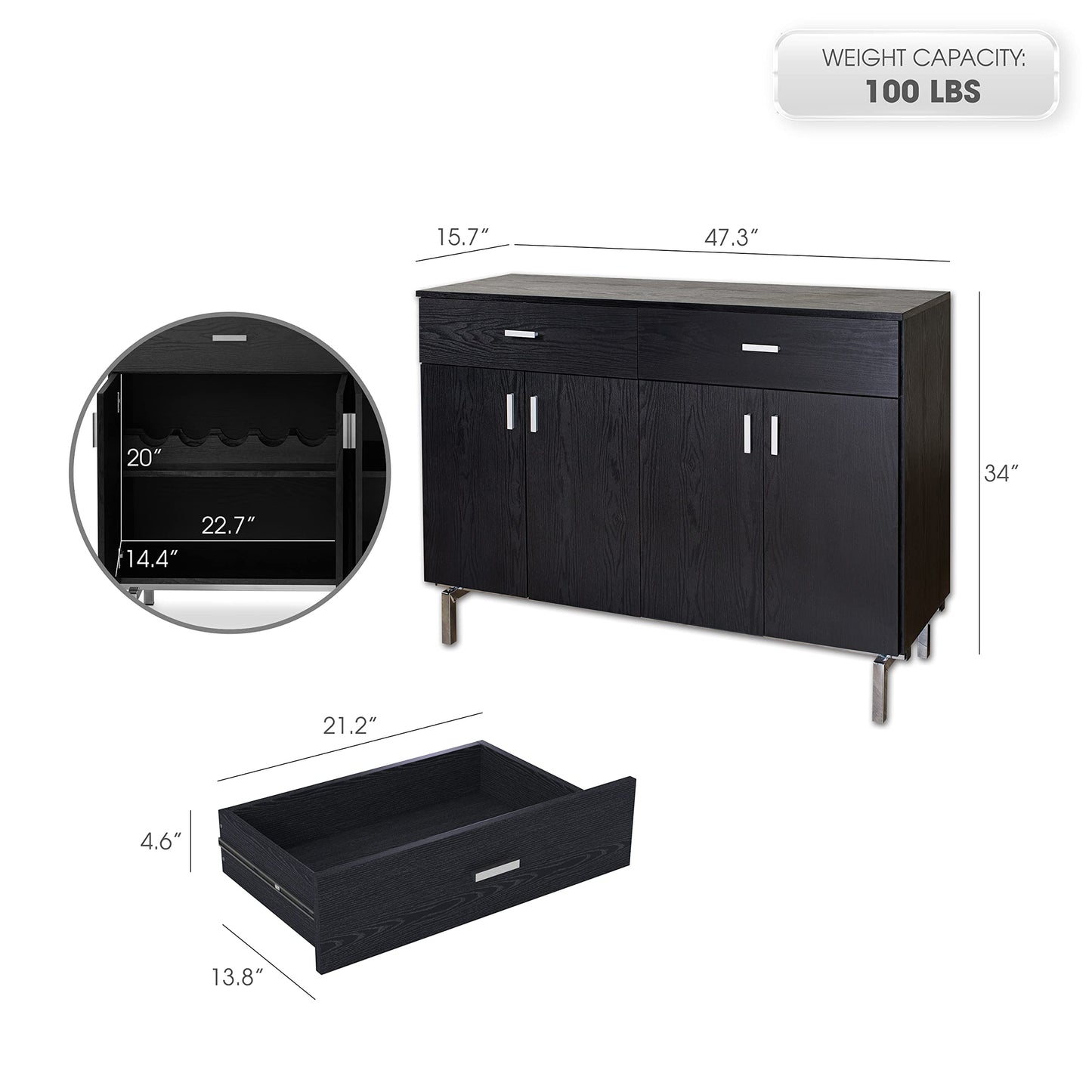 Furniture of America Brysin Modern 48-inch Sideboard Buffet Cabinet with Removable Wine Holder, 2 Drawers On Metal Glides and 2 Storage Compartments for Dining Room, Black and Silver