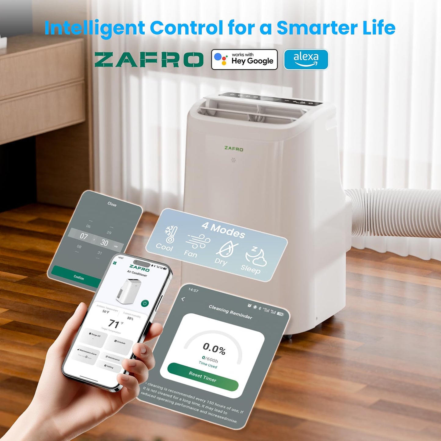 ZAFRO Portable Air Conditioners, 12000 BTU (8000 BTU SACC), Portable AC with Drainage-free Cooling, Fan & Dehumidifier, Smart AC Unit with APP/Remote, 47dB Quiet, 24H Timer for Living Room, Bedroom