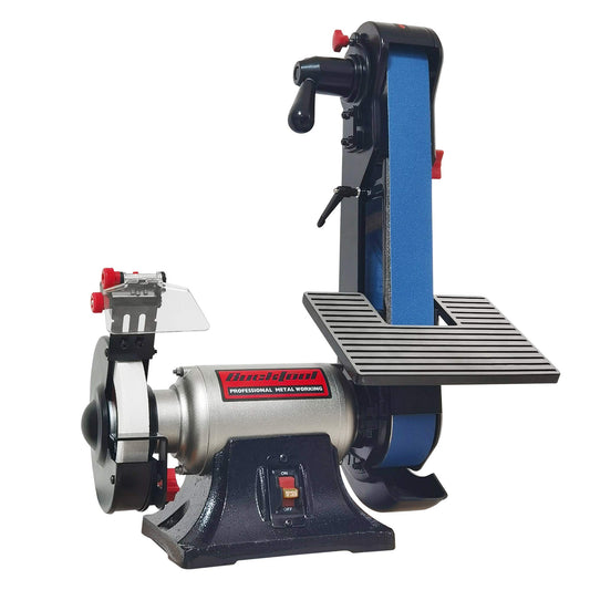 Bucktool 2 x 42 Belt Sander and 6 Inch Bench Grinder Combo, 1/2 HP 3.5 Amp Knife Sharpener for Knife Making, Metalworking, Woodworking, Benchtop Belt Grinder with Large Work Table