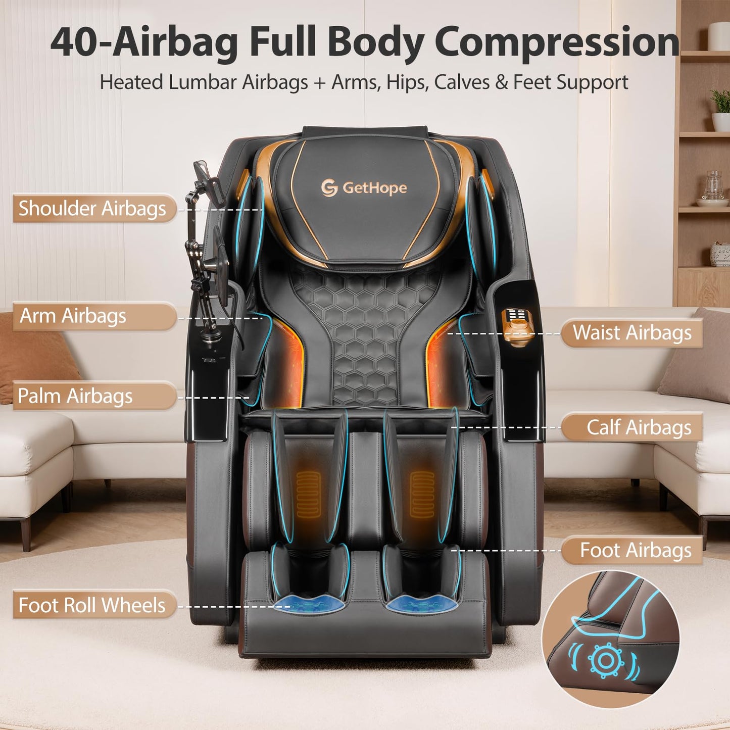 Gethope Massage Chair Full Body 4D Zero Gravity Massage Chair Recliner with 57.1" SL-Track Shiatsu Massage Lumbar Heat 40 Airbags Foot Rollers AI Voice 7" Touchscreen Bluetooth