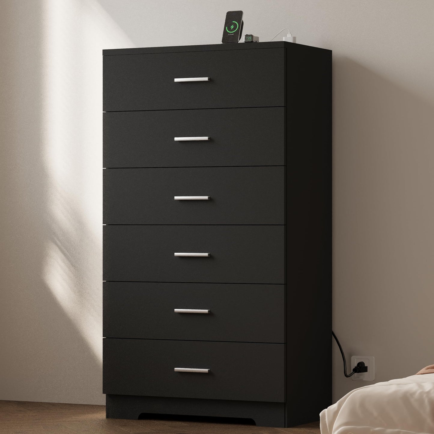 AXCIGOC 48" Tall Dresser for Bedroom Chest of Drawers with Power Outlets Wood 6 Drawers Dresser with Large Storage Space and Metal Handles Modern Closet Storage Drawer for Living Room Hallway Black