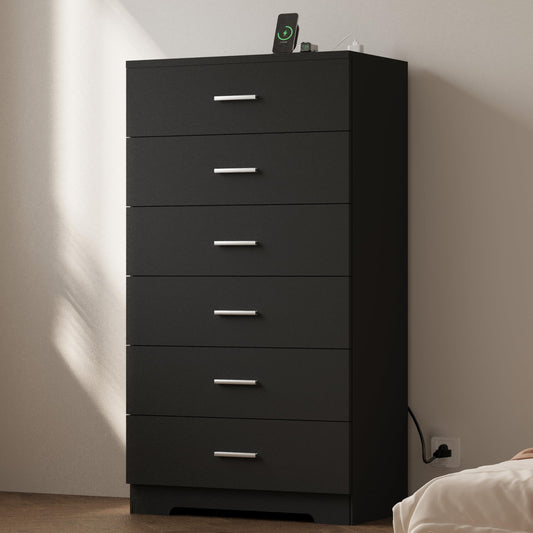 AXCIGOC 48" Tall Dresser for Bedroom Chest of Drawers with Power Outlets Wood 6 Drawers Dresser with Large Storage Space and Metal Handles Modern Closet Storage Drawer for Living Room Hallway Black