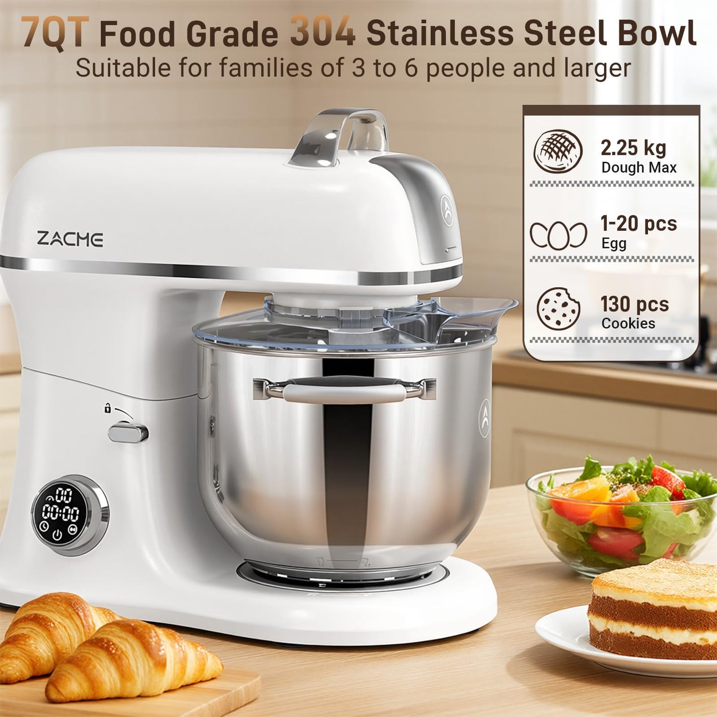 ZACME 7 Quart Stand Mixer Aluminum Die Casting, 650W 12 Speed Tilt-Head Kitchen Electric Stand Mixer, Household Food Mixer with Stainless Steel Bowl, Dough Hook, Whisk and Beater-Porcelain