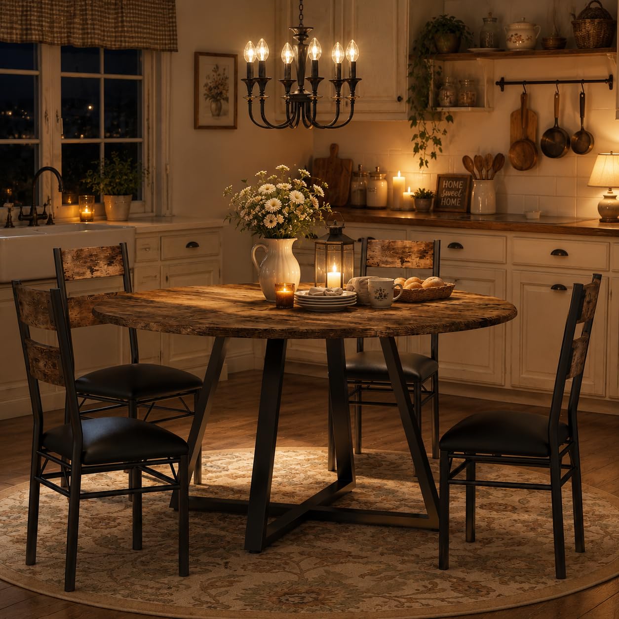 Garvee Round Dining Table Set for 4, 5 Piece Circle Wooden Kitchen Dinner Table & Chairs Set for 4, w/ 4 Unpholster Chairs, Sturdy Thick Frame, for Kitchen, Apartment, Small Space, Retro Brown