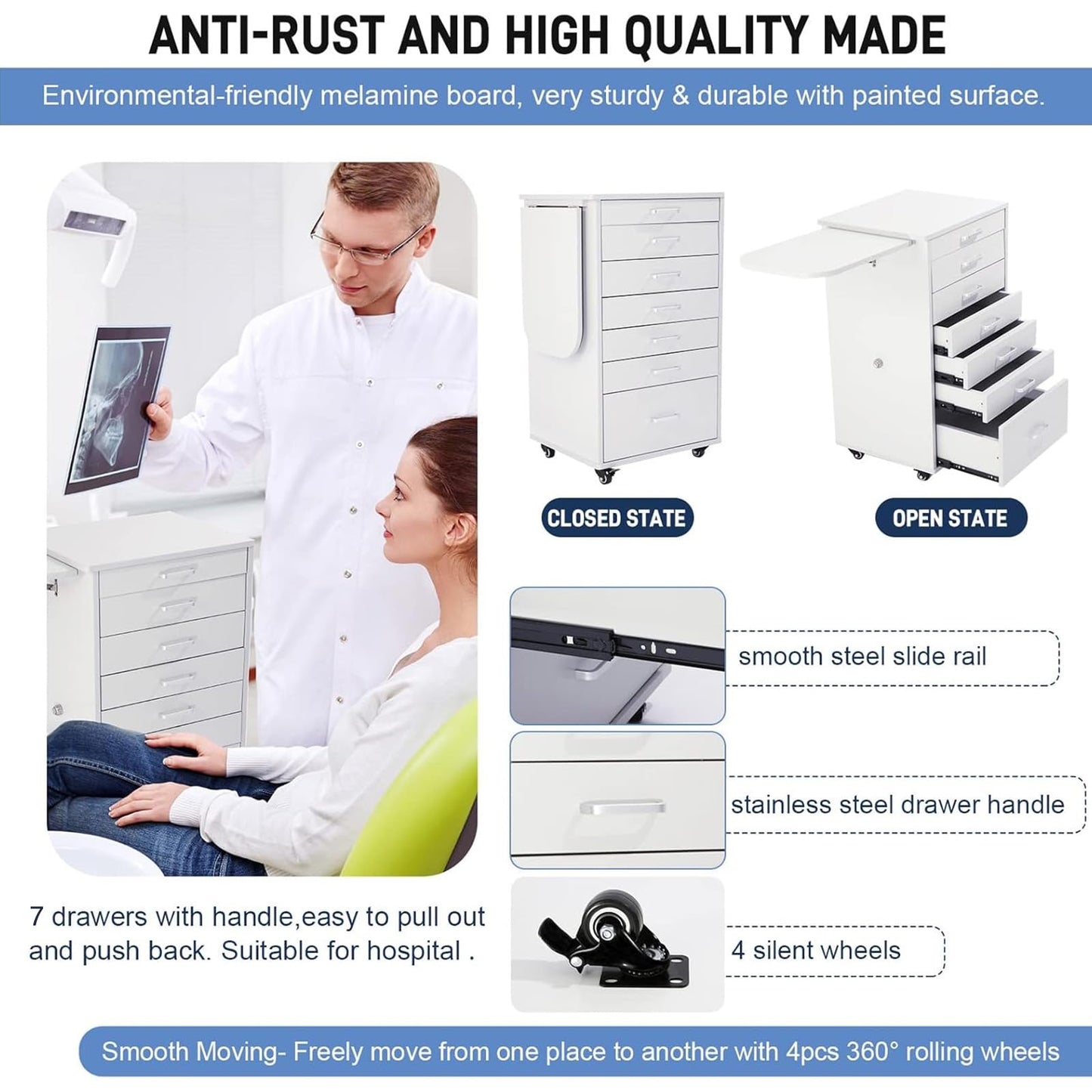 forimo Medical Dental Assistant's Mobile Cabinet Alabama Cart Utility Cart 7 Drawer W/Side Shelf. Professional Utility cart for Medical or Dental Instruments Storage.
