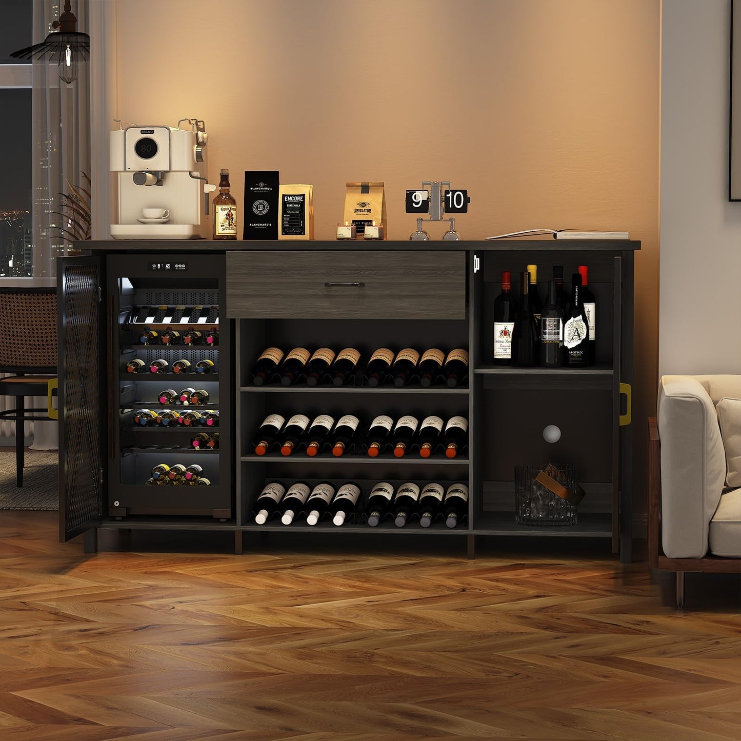 71'' Coffee Bar Cabinet Liquor Wine Bar Sideboard Buffet with Fridge Space
