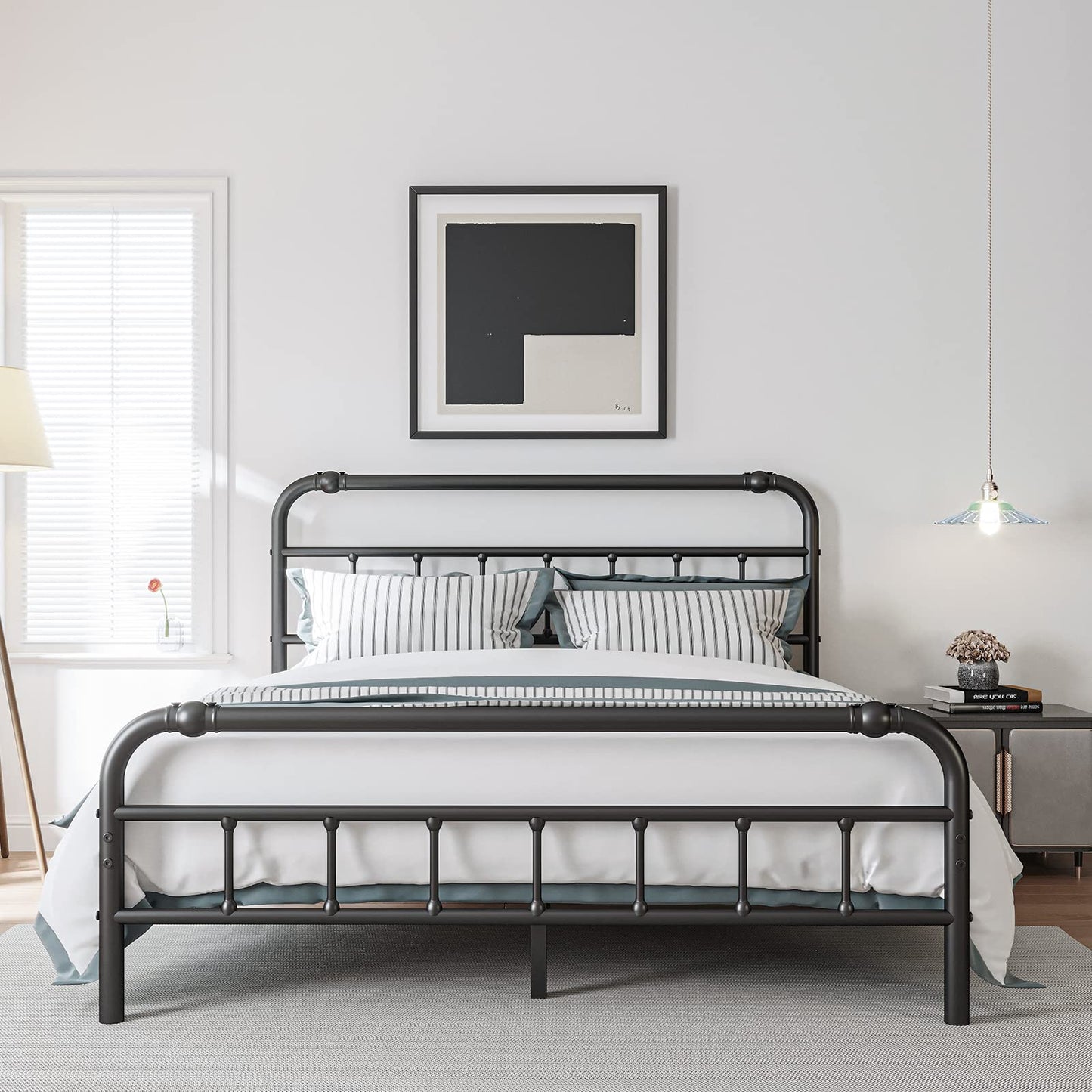 BOSRII Full Size Bed Frame with Headboard and Footboard, 18 Inches High, 3500 Pounds Heavy Duty Metal Slats Support for Mattress, No Box Spring Needed, Noise-Free, Black