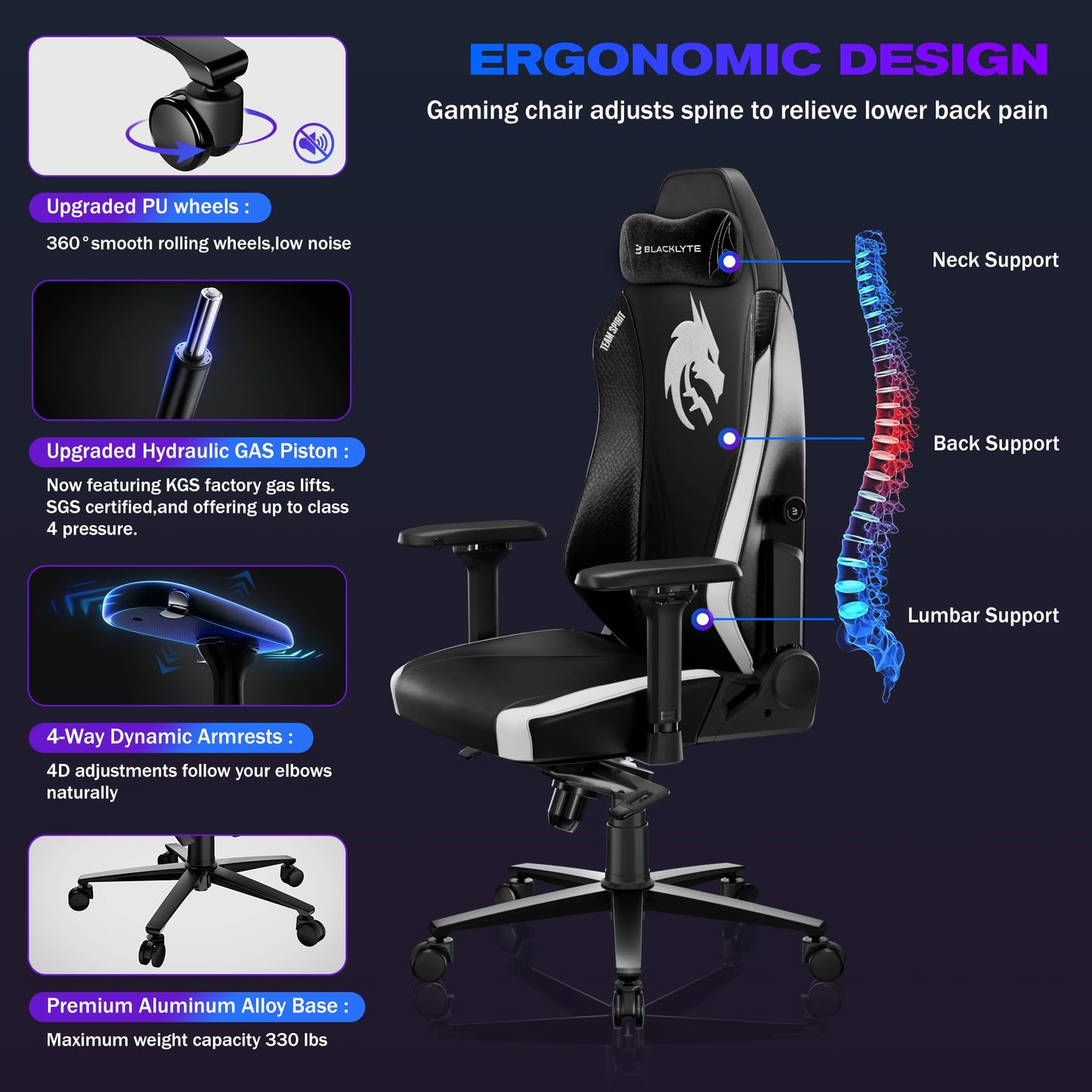 Blacklyte Athena Pro Gaming Chair Computer Chairs with Magnetic Head Pillow and Lumbar Support Height Adjustable with 360°-Swivel Seat Leather Ergonomic Desk Chair for Gaming(Spirit)