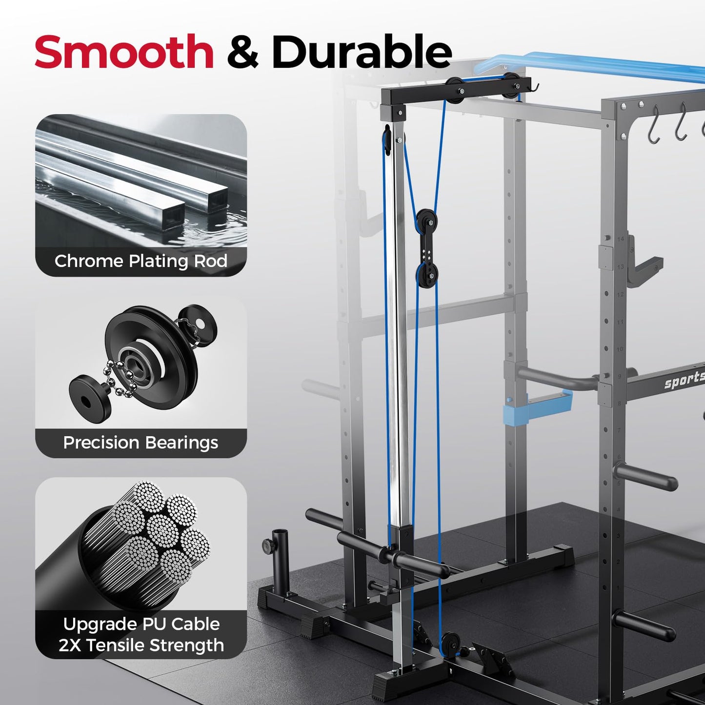 Sportsroyals Squat Rack, LAT Power Cage, Power Rack Multi-Function with Pulley System and Training Attachments for Home Gym