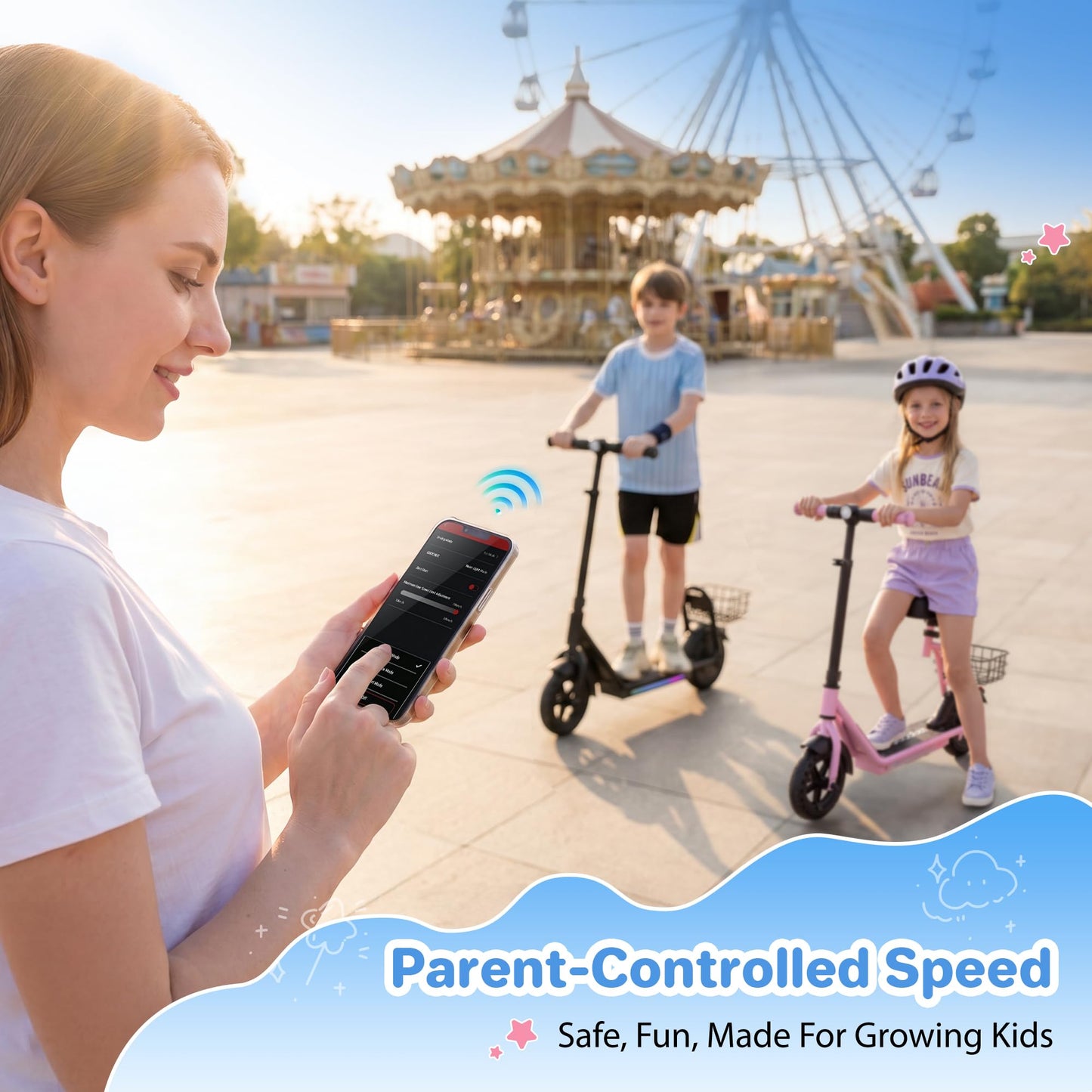iScooter 2-in-1 Kids Electric Scooter ik7,Up to 12mph&10Miles Range，250W Motor, Headlight & Brake Taillight, Removable Seat&Basket, Smart App Parental Control,Electric Scooter for Kids Ages 10-14