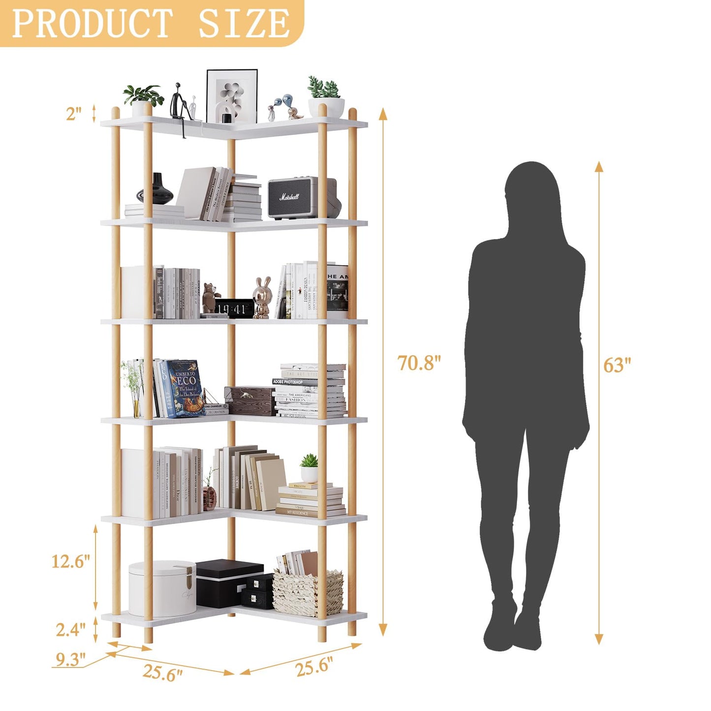 5-Tier White Corner Bookshelf with Solid Beech Wood Poles, 70.8" Tall Easy-Assembly Corner Shelf Unit, Free-Standing Bookcase for Living Room Bedroom Home Office, Space-Saving Corner Storage Solution