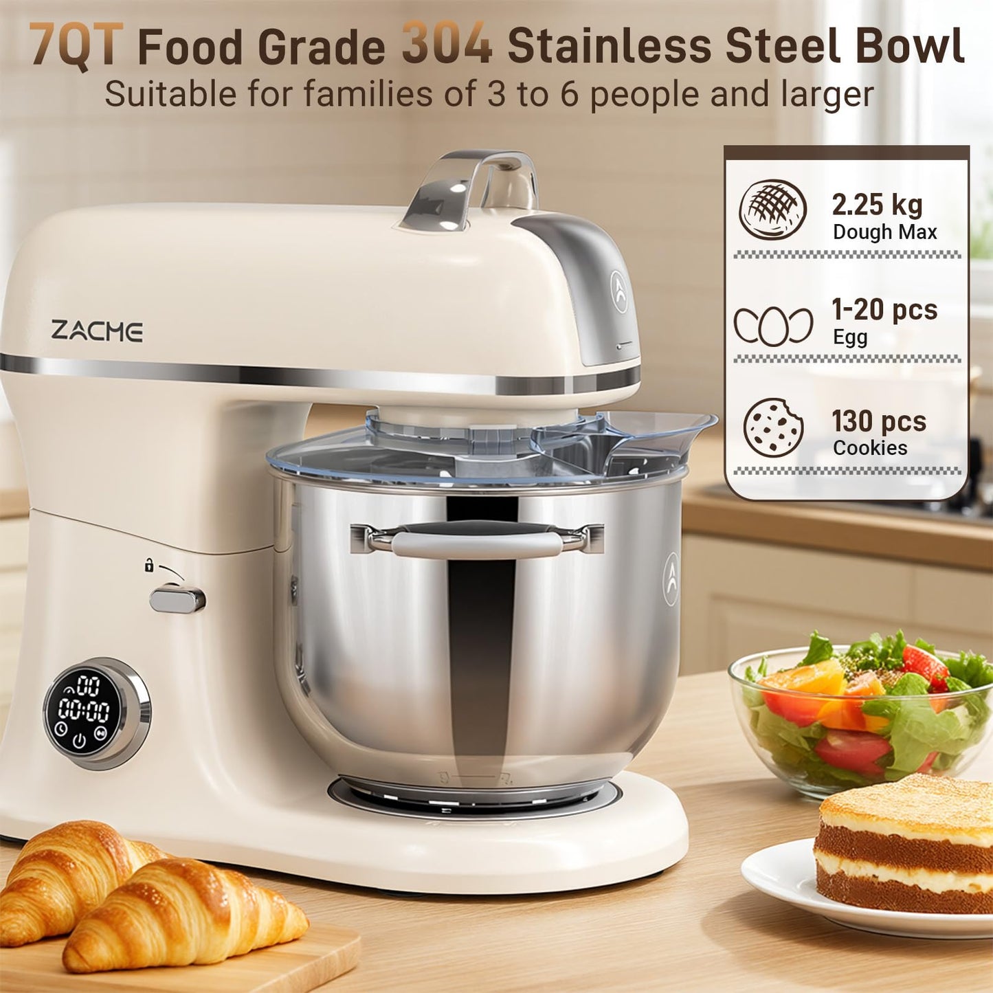 ZACME 7 Quart Stand Mixer Aluminum Die Casting, 650W 12 Speed Tilt-Head Kitchen Electric Stand Mixer, Household Food Mixer with Stainless Steel Bowl, Dough Hook, Whisk and Beater (Cream)
