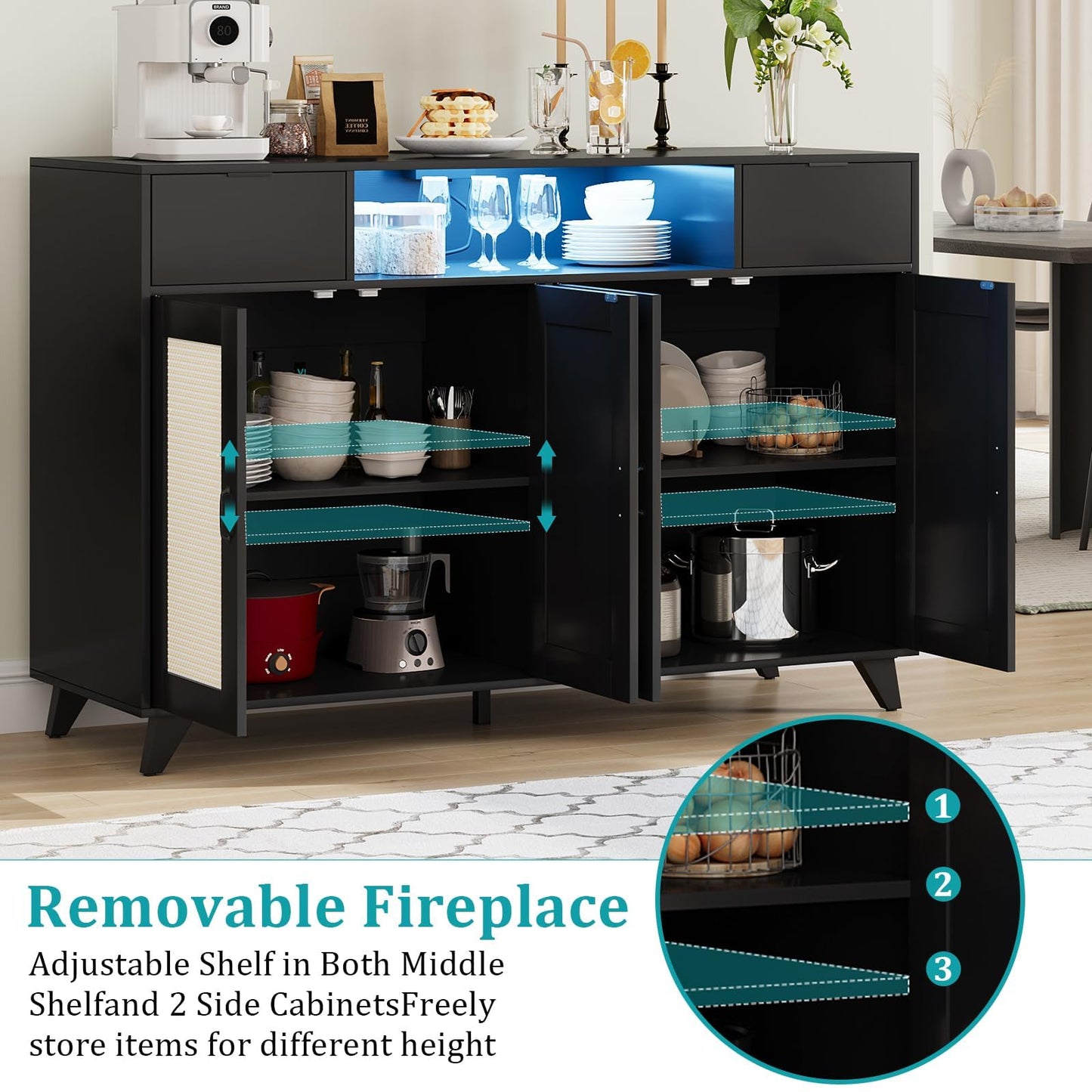 Garvee Rattan Sideboard Buffet Cabinet with Power Outlet – 2 Drawers, 4 Doors, Adjustable Shelves, Coffee Bar Storage Console Table for Dining Room, Living Room, Kitchen – Black
