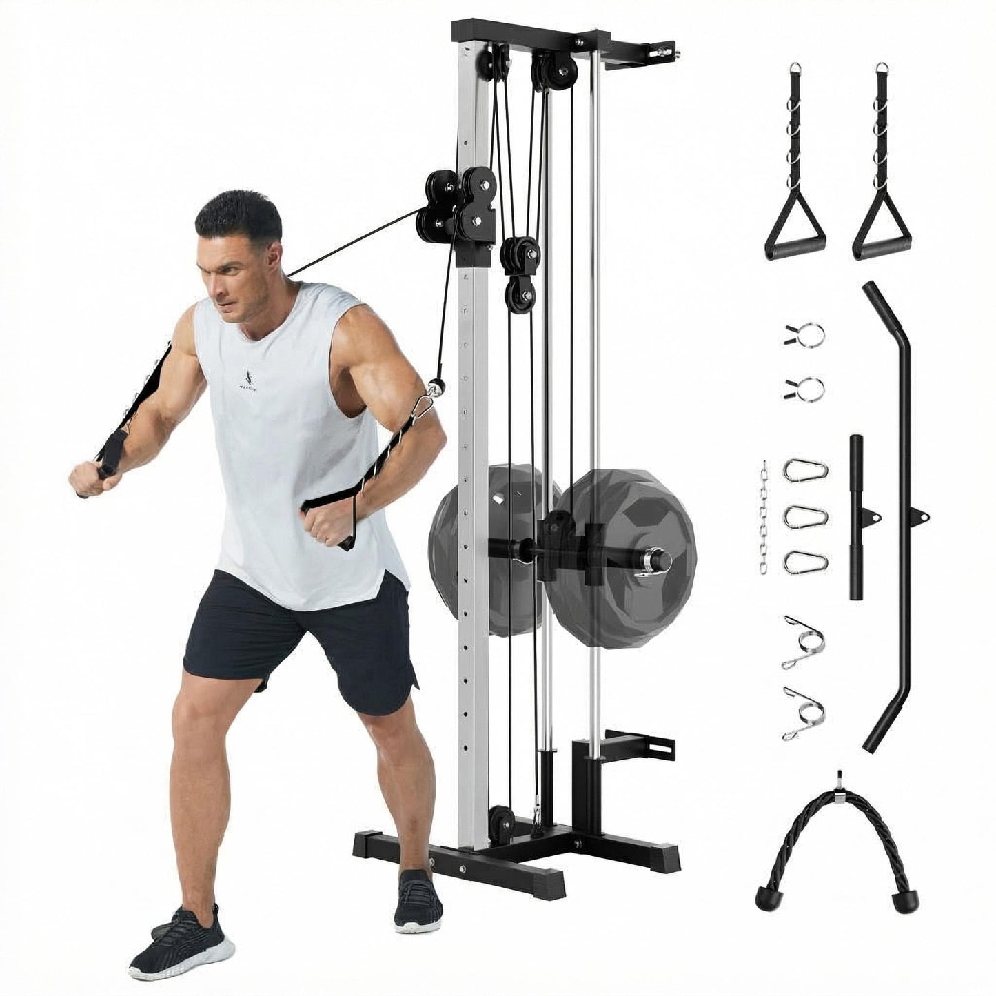 Wall Mount Cable Station, 18 Position Height Adjustable LAT Pulldown Machine with Dual Pulley System, Cable Crossover Machine for Home Gym