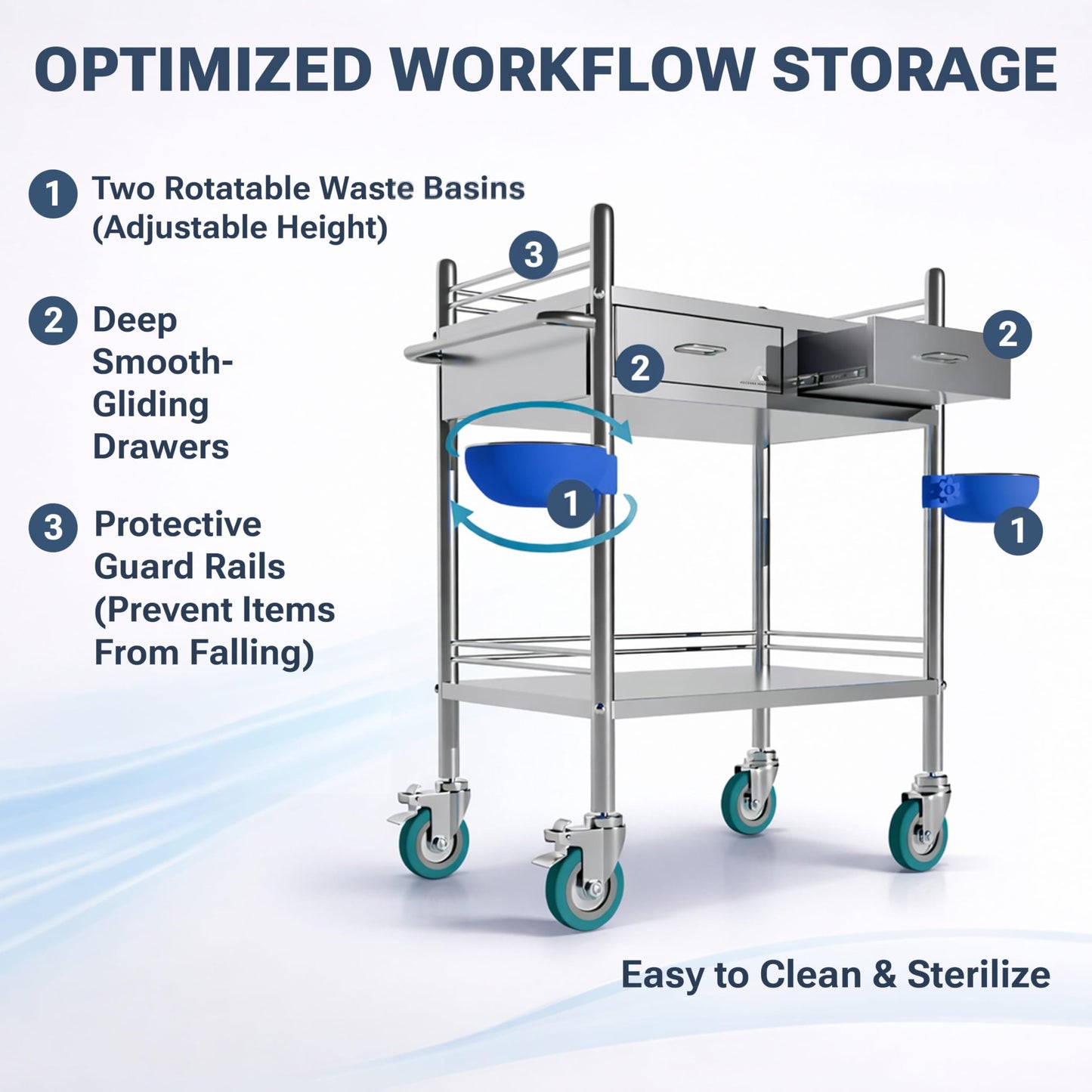 Avicenna Innovations *Improved & Upgraded* Medical Stainless Steel 2 Tier Rolling Cart with Wheels and Drawers | Dental Hospital Nursing Trolley | Easy-to-Disinfect Phlebotomy Mobile Workstation