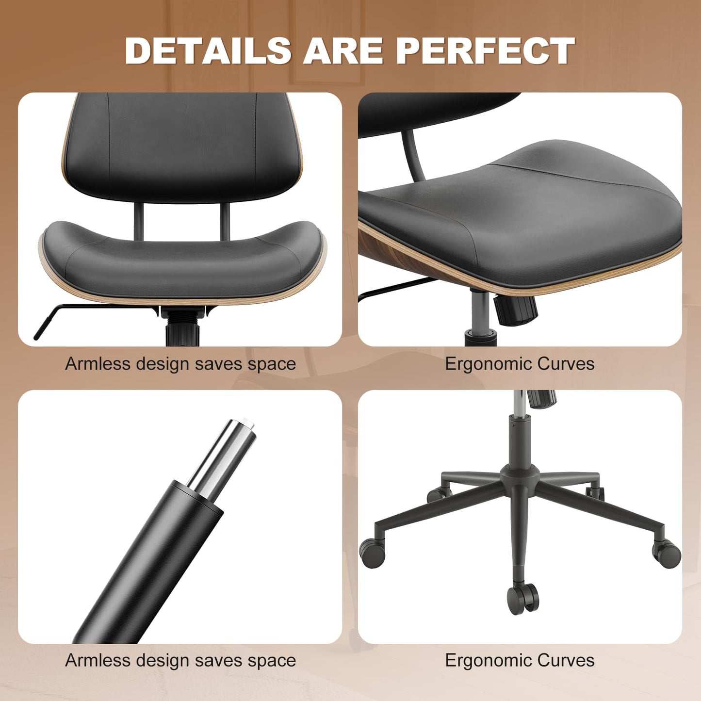 BERYTH Armless Office Chair with Wheels, PU Leather Adjustable Height Desk Chair - 360° Swivel Ergonomic Computer Chair for Small Space, Modern Walnut Style, Home & Meeting Room, Black