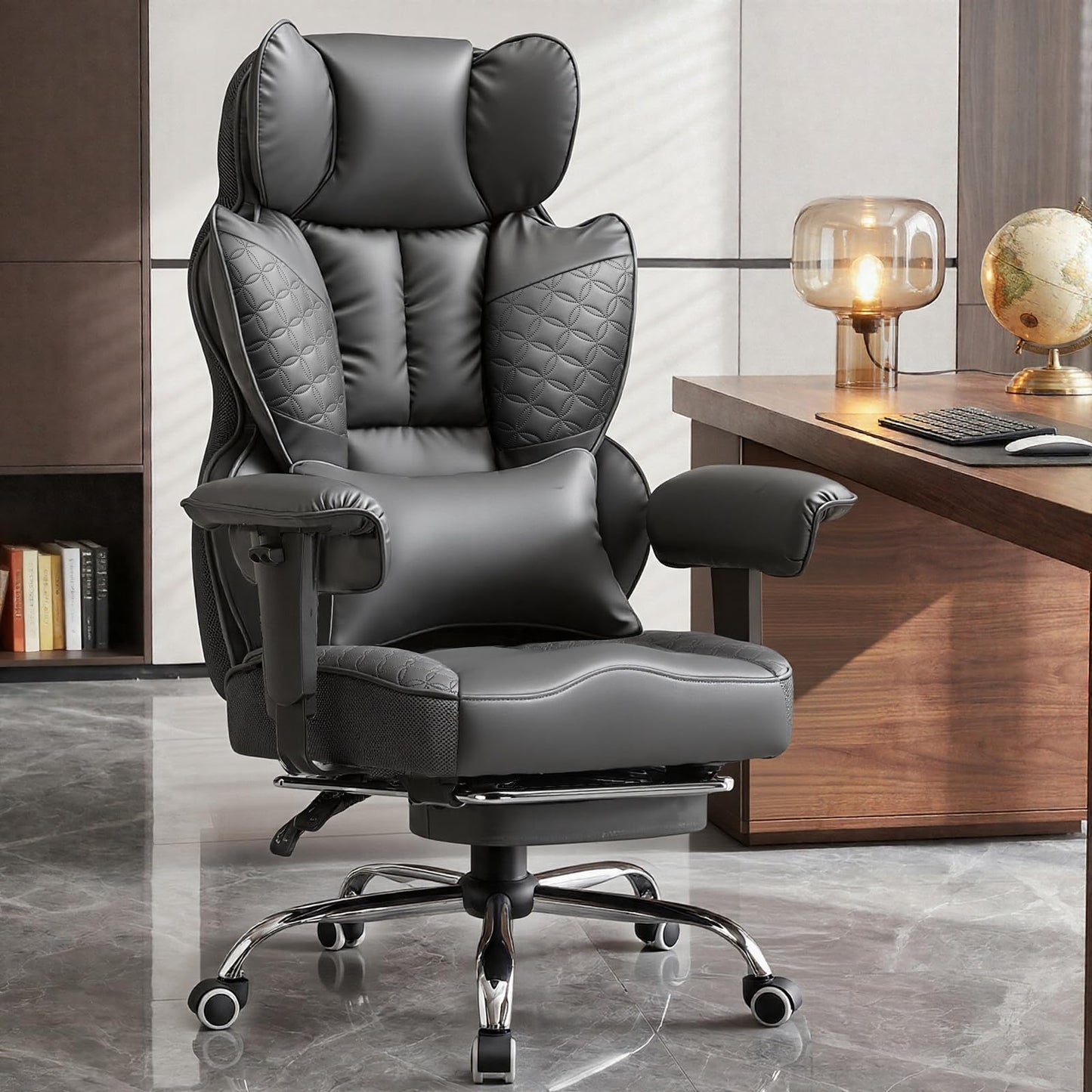 GTPOFFICE Big and Tall Office Chair 400LBS Wide Seat Computer Gaming Chair with Footrest & Comfy Lumbar Support, Leather High Back Executive Chair with Ergonomic Pressure Relief Seat Cushion, Gray
