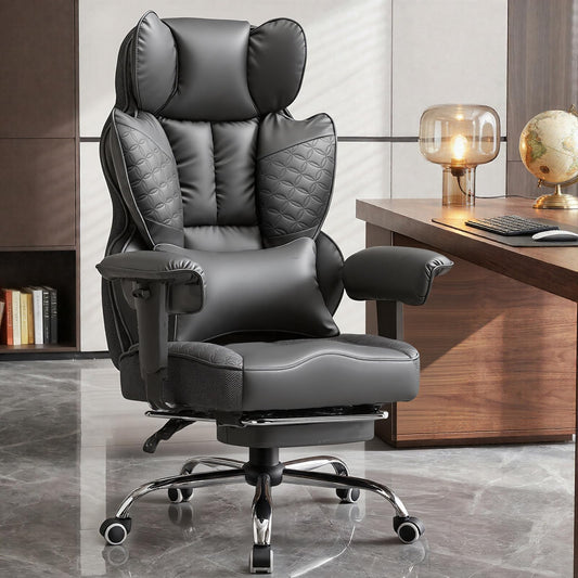 GTPOFFICE Big and Tall Office Chair 400LBS Wide Seat Computer Gaming Chair with Footrest & Comfy Lumbar Support, Leather High Back Executive Chair with Ergonomic Pressure Relief Seat Cushion, Gray