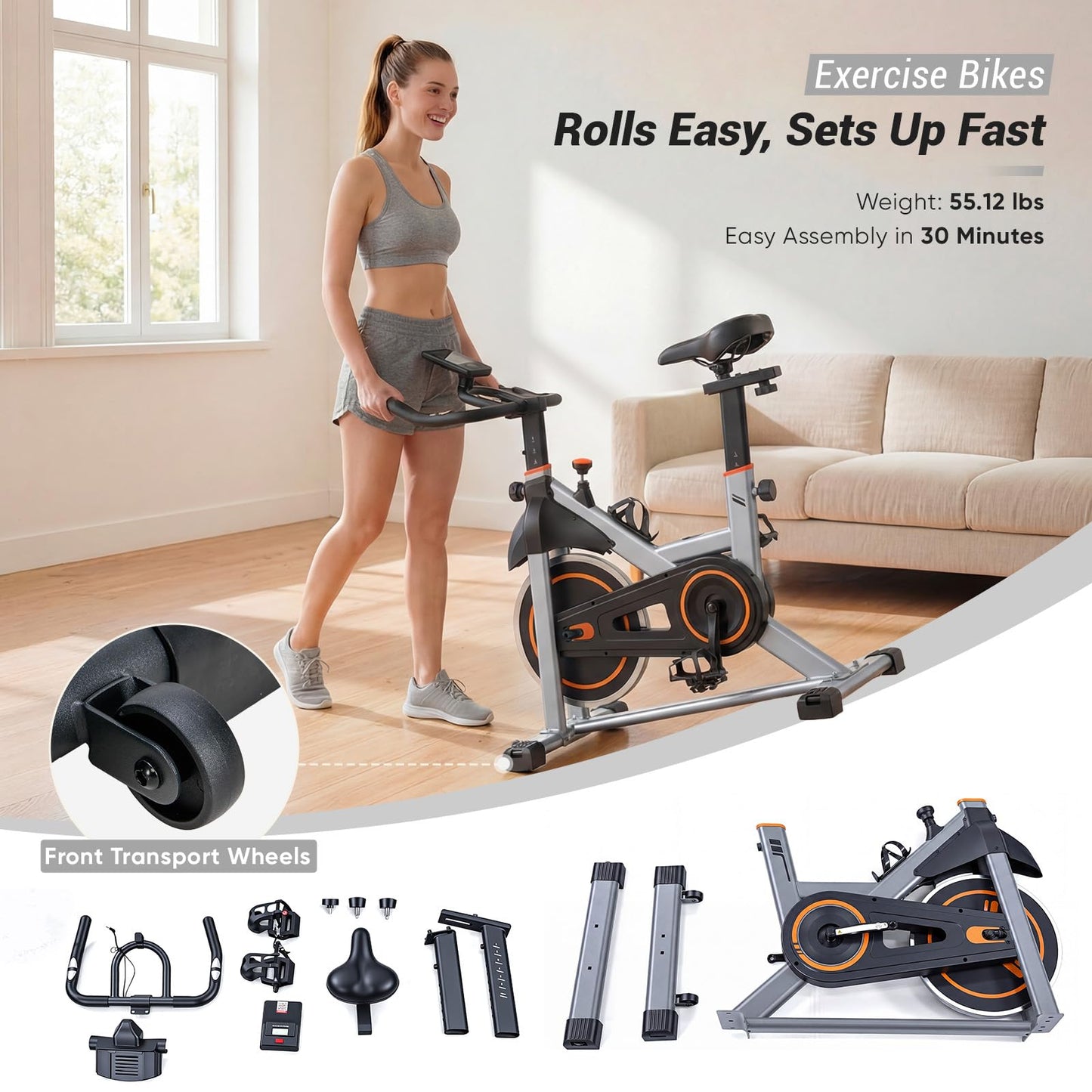 DUMOS Exercise Bike with APP, Stationary Bikes for Home, Workout Bike for Adults & Seniors, Adjustable Height and Resistance, Low Noise, 265lbs Weight Capacity, Easy Setup, Silver&Orange