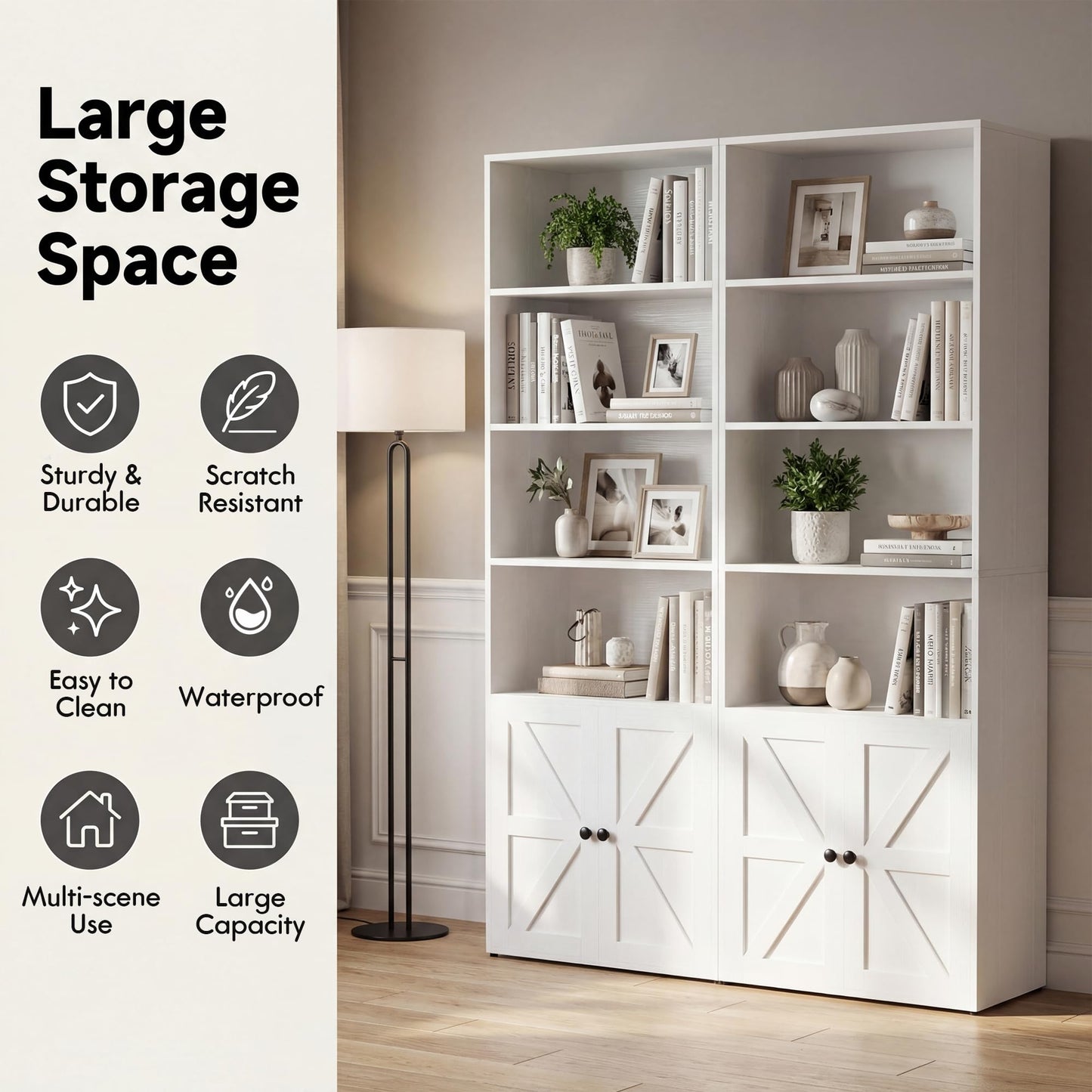 YESHOMY Farmhouse Bookshelf and Bookcase with Storage, 71.5" Tall Industrial Bookshelves and Bookcases with Doors, 4-Tier Floor Standing Tall Display Cabinet for Home Office, Living Room, White, 2 PCS