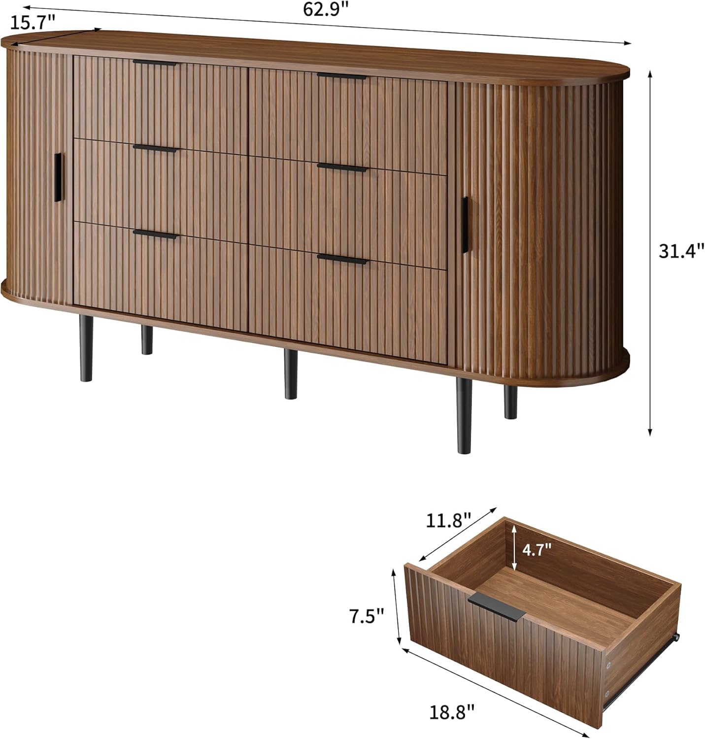 BVIUNTWO 63" Wide Fluted 6 Drawer Dresser for Bedroom, Modern Wood Chest of Drawers with Metal Handles, Curved Edge Design, Large Storage Credenza Cabinet for Living Room, Hallway, Brown
