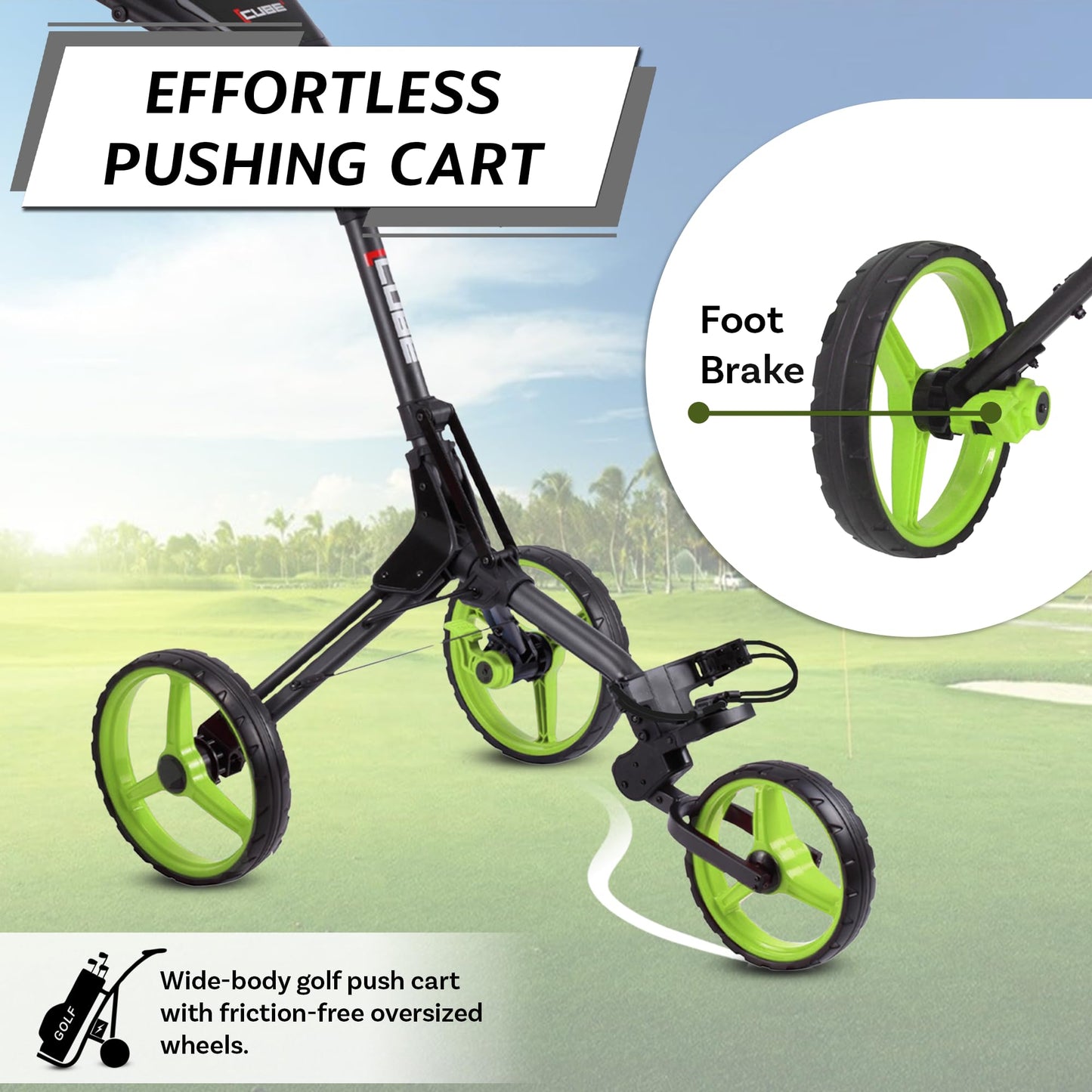CUBE CART 3-Wheel Golf Push Cart – Ultra-Compact 14.5 lb Folding Golf Trolley, Two-Step Fold, Adjustable Handle, Foot Brake, Umbrella Holder & Built-in Storage - Charcoal/Lime