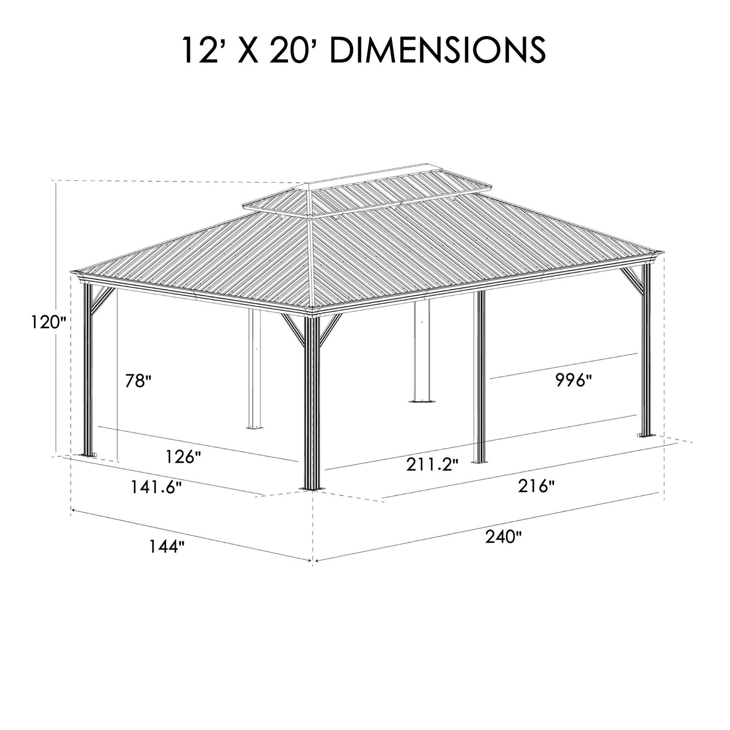 Kozyard Apollo 12’x20’ Hardtop Gazebo, Wooden Coated Aluminum Frame Canopy with Galvanized Steel Double Roof, Outdoor Permanent Metal Pavilion with Netting for Patio, Lawn