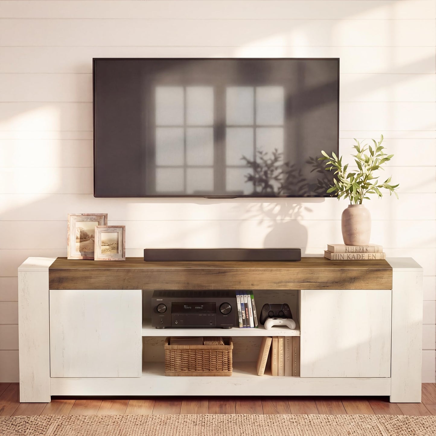 VASAGLE TV Stand, Farmhouse Entertainment Center with Storage Cabinets, Media Console Table for Living Room, Bedroom, for 80 Inch TV, 70 x 15.7 x 23.6 Inches, Rustic White and Honey Brown ULTV624W201S