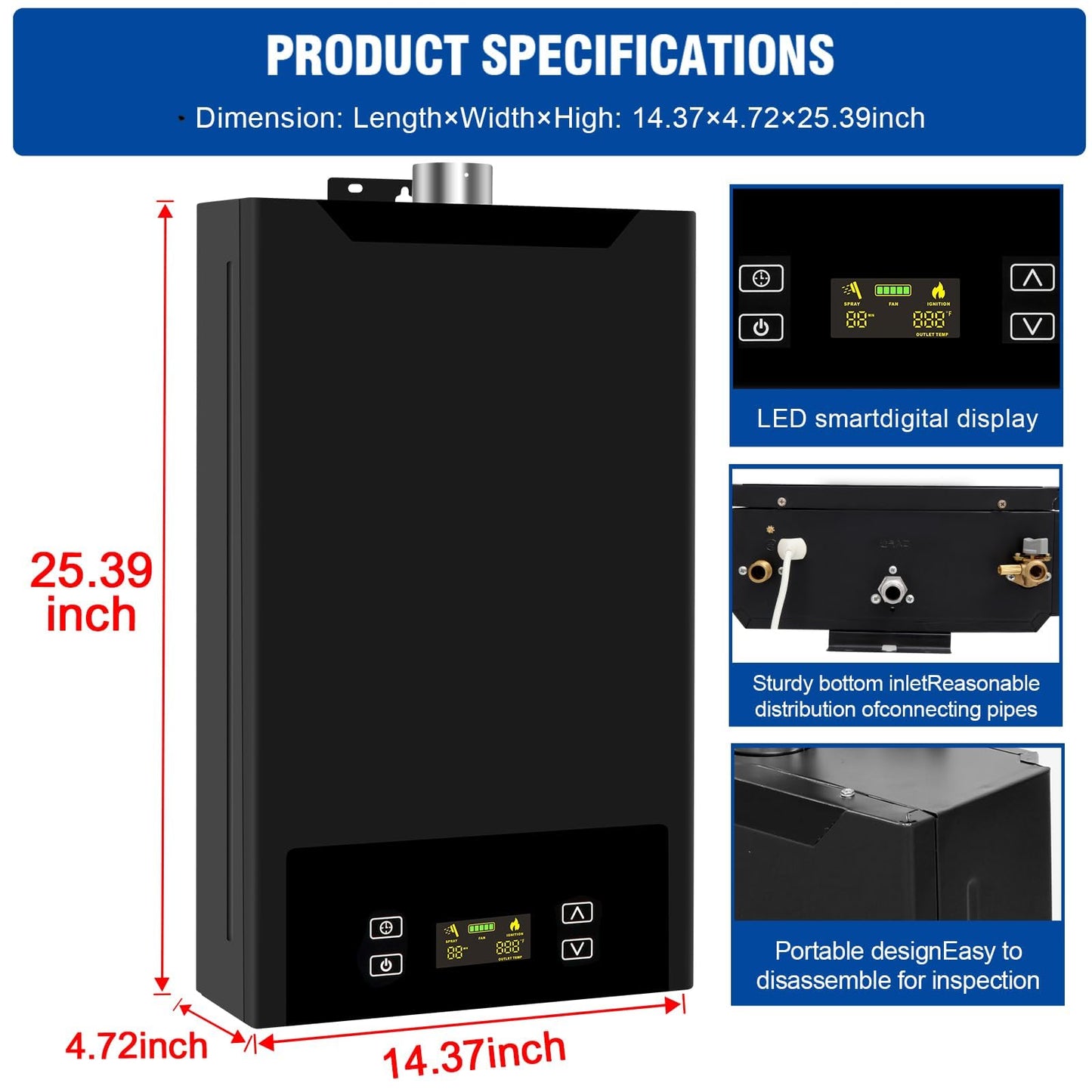 18L Tankless Water Heater Propane, 4.74GPM Indoor Constant propane water heater, 68,000 BTU Instant Hot Water Heater with Fahrenheit Digital Display, Multi-Protection