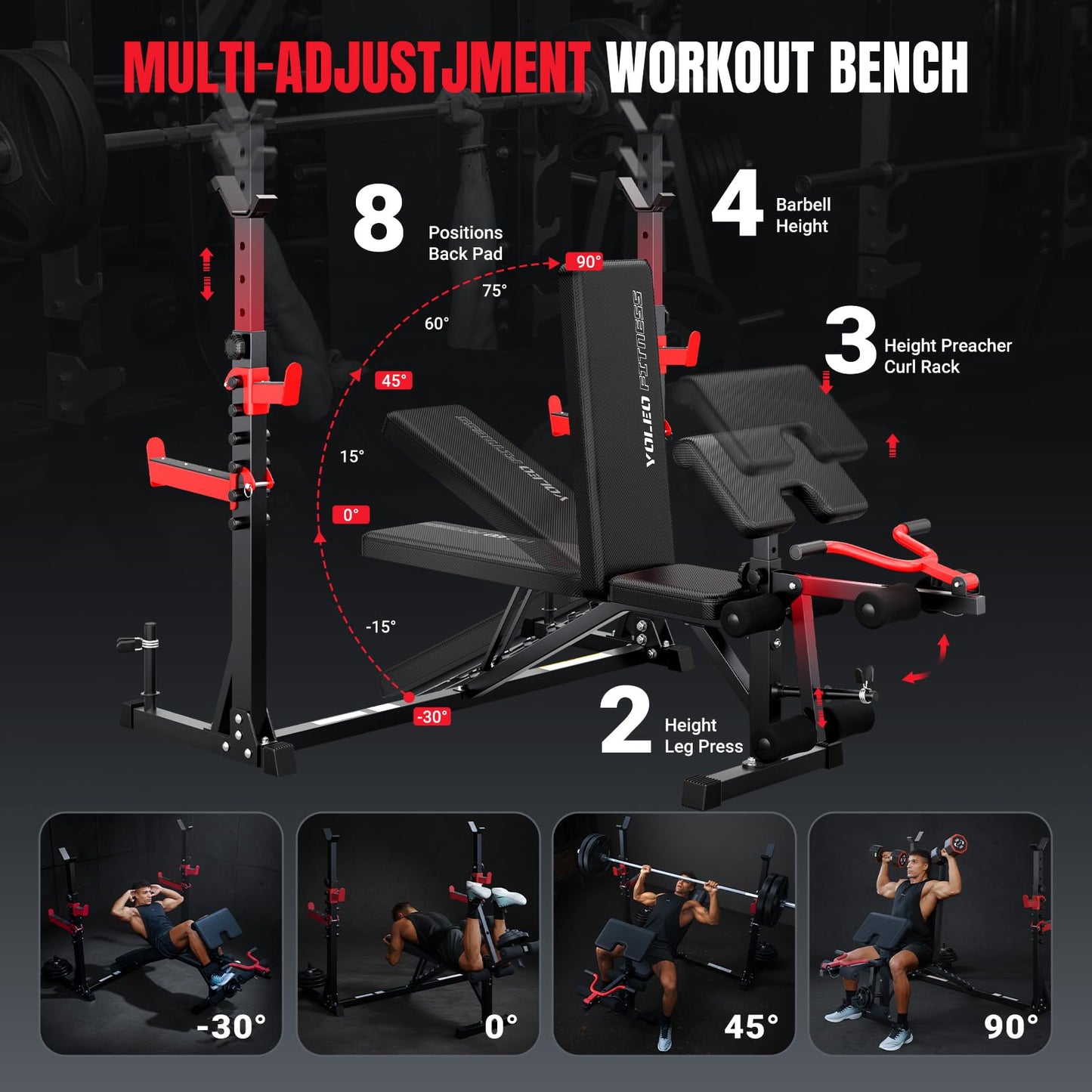 YOLEO Weight Bench with Rack -47.44”Wide Bench Press Set, Safety Catch for Squat, Leg Extension, Preacher Curl & Flat/Incline/Decline Full Body Workout Bench, Adjustable Olympic Weight Benches for Home Gym