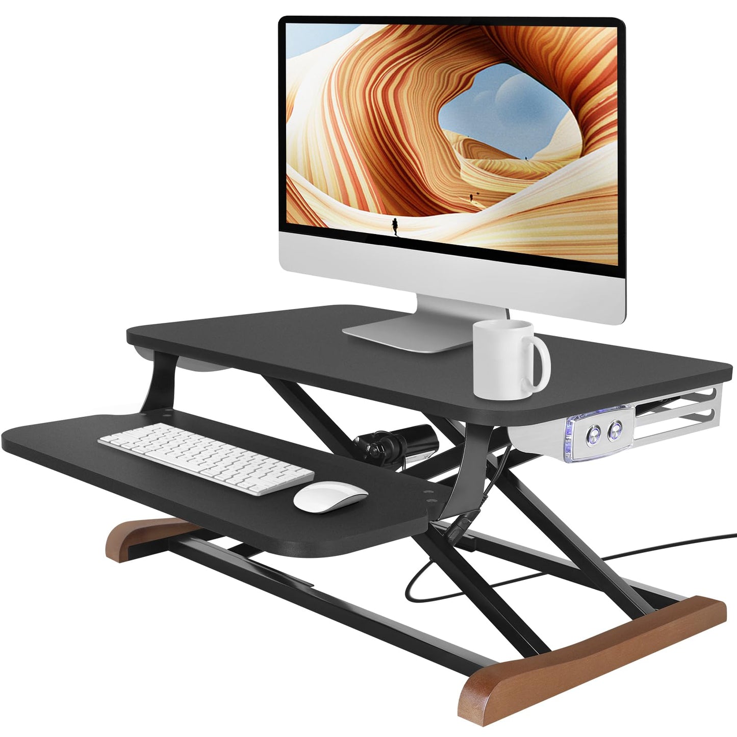 Electric Standing Desk Converter with Keyboard Tray, 26x16 Inch, Height Adjustable Sit to Stand Desk Riser with Unique Side Cover and Wooden Feet, Small Motorized Monitor Riser for Office & Home