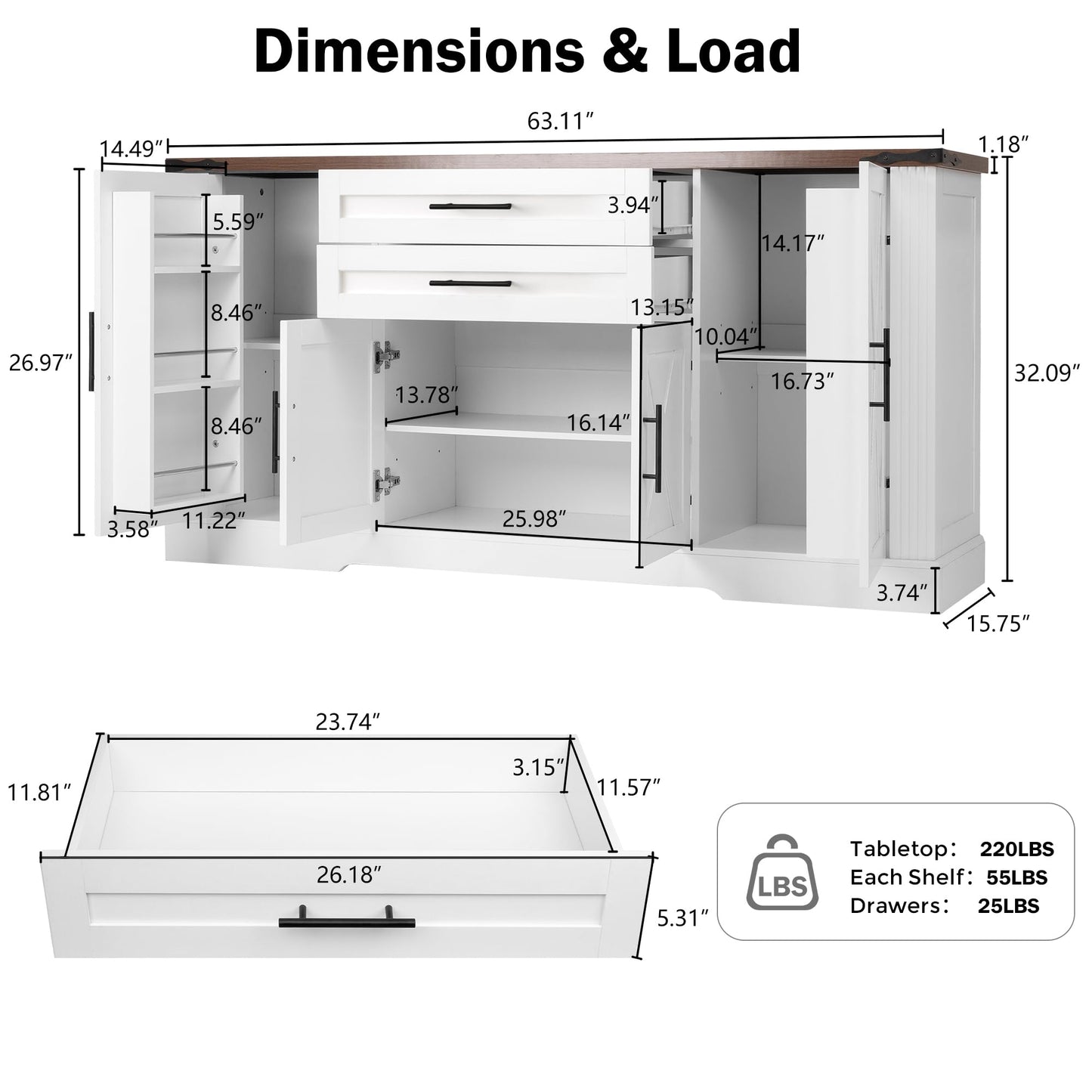 KEIKI 63" Farmhouse Barn Door Sideboard Buffet Cabinet with Storage – 2 Drawers, Door Rack, Adjustable Shelves, Door Rack, Kitchen Buffet, Large Sideboard Buffet Cabinet, Cabinet for Dishes, White