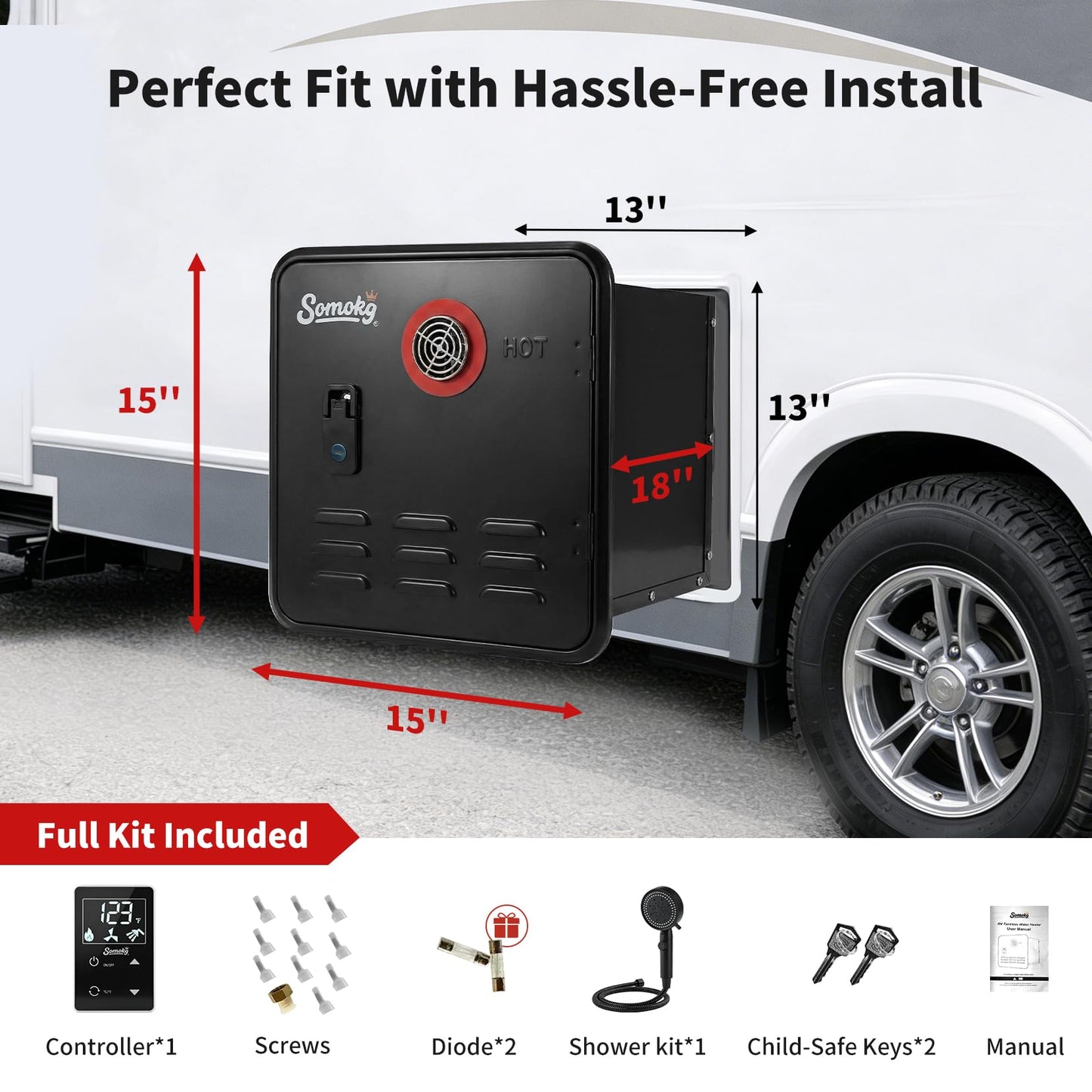 RV Tankless Water Heater 12V, 65,000 BTU Propane Powered Instant Hot Water, Includes 15''×15'' Lockable Door & Remote, Anti-Freeze & High Altitude, CSA Certified for Safe Off-Grid Camping