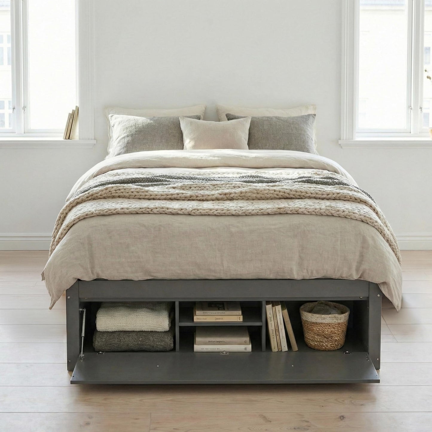 Merax Queen Size Wood Platform Bed with 4 Underbed Drawers and Hydraulic Lift Footboard Storage, Modern Bed Frame with Solid Wooden Slat Support for Bedroom, No Box Spring Needed, Easy Assembly, Gray