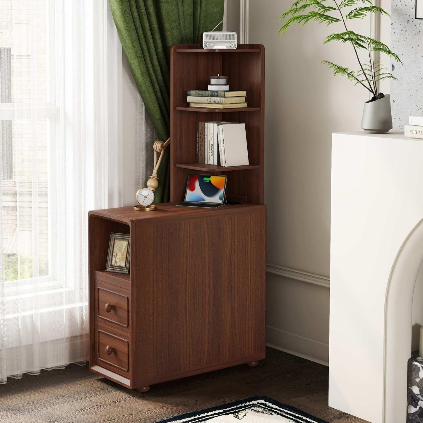 FRITHJILL Narrow End Table, Corner Bookshelf for Living Room, Nightstand with Charging Station and 3-Tier Display Shelf, 2 Drawers Storage Cabinet, Space Saving Side Table