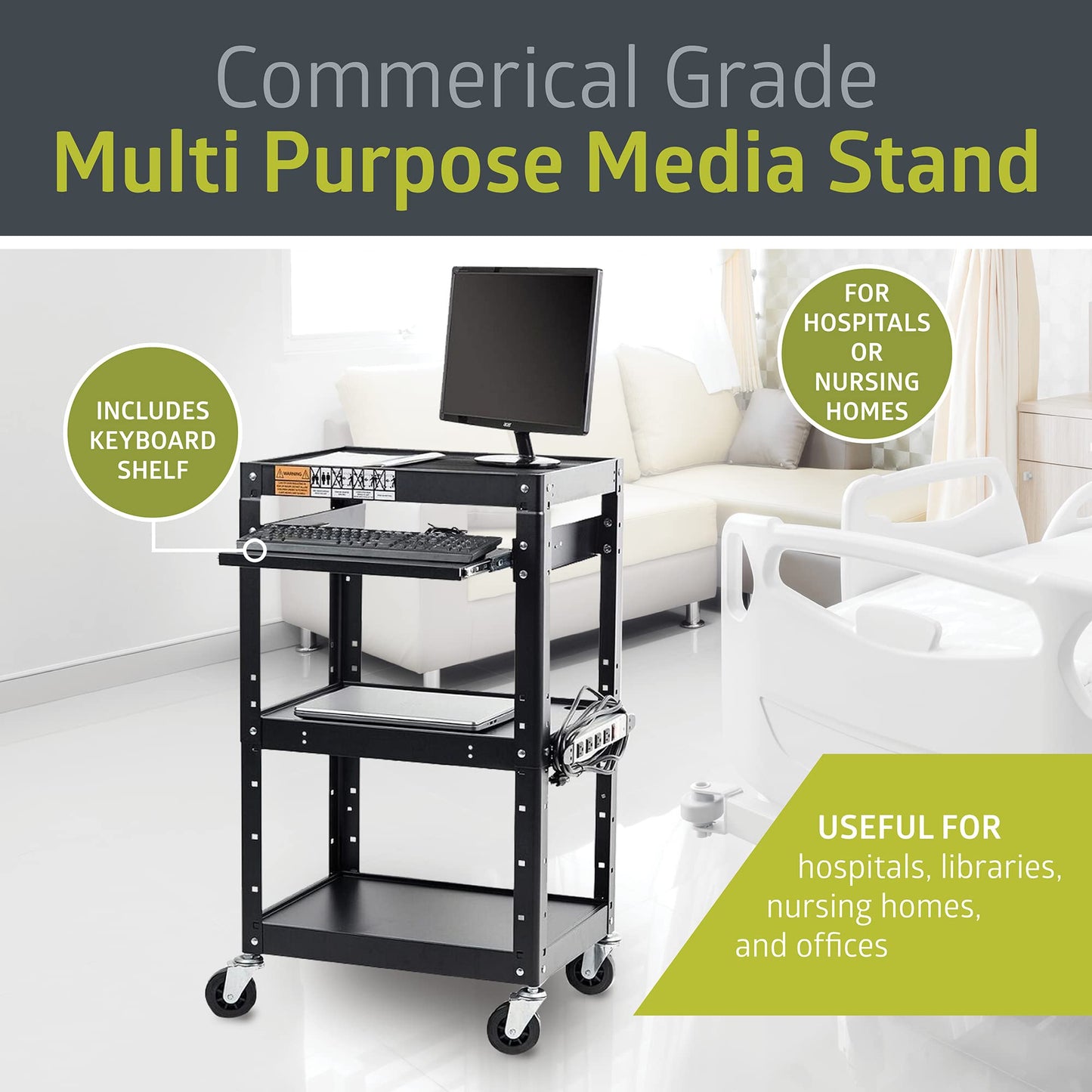 Pearington AV Presentation Cart Stand for Video Projector, TV, Laptop Computers, Printers, Metal Construction Rolling Storage Cart with Adjustable Shelves, 4 Wheels, 4 Outlets, 12ft Cord, Black