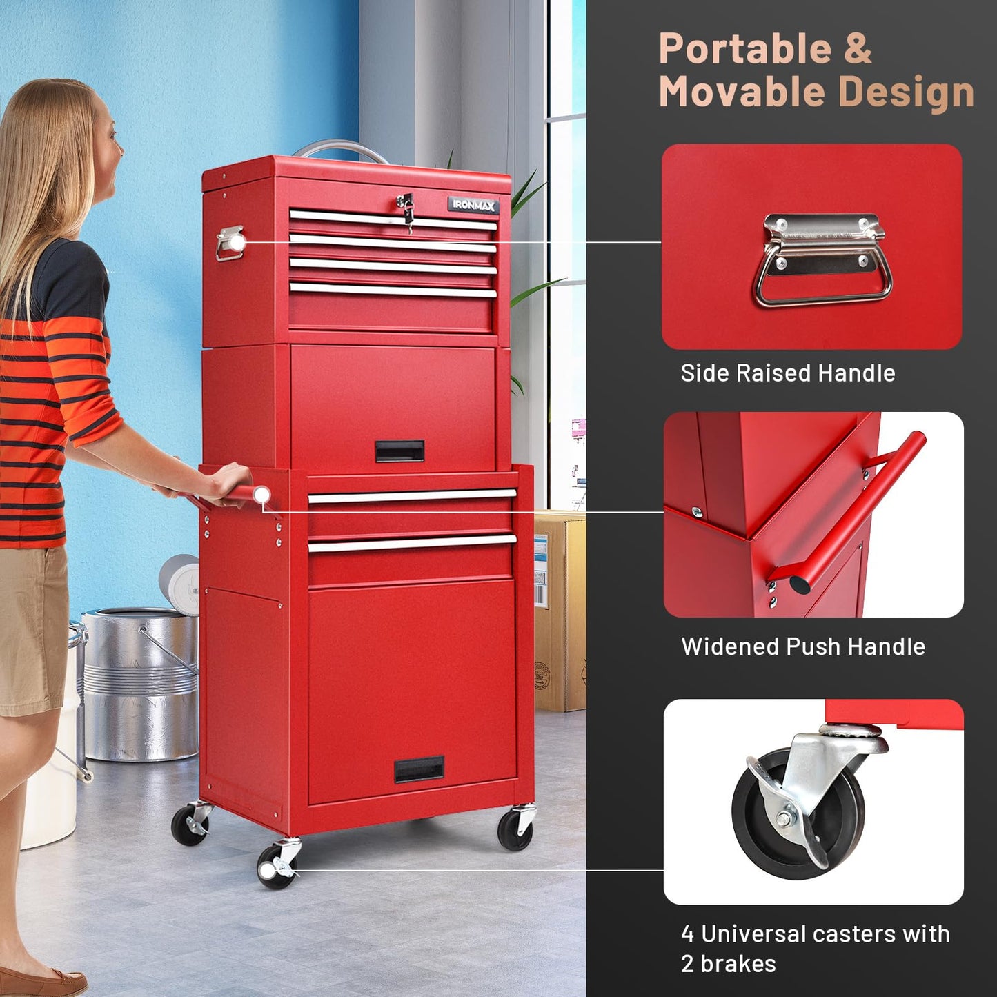 ERGOMASTER 6-Drawers Tool Chest, High Capacity Tool Storage Cabinet with Wheels and Locking System, Removable Tool-Box Bench for Garage -Upgrade 6 & Red
