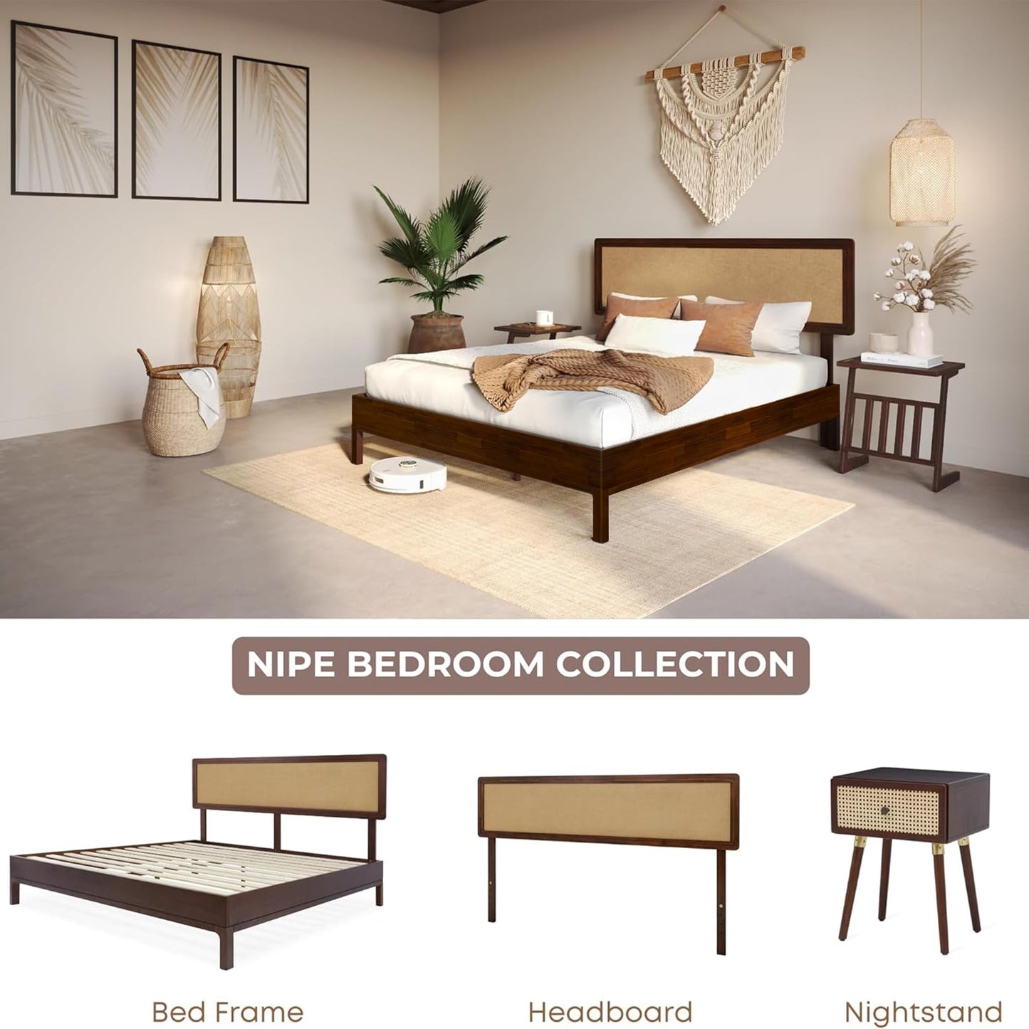 Bme Nipe King 14 Inch Bohemian Bed Frame with Adjustable Wicker Headboard - Rustic & Vintage Style with Acacia Wood - No Box Spring Needed - Easy Assembly - Walnut