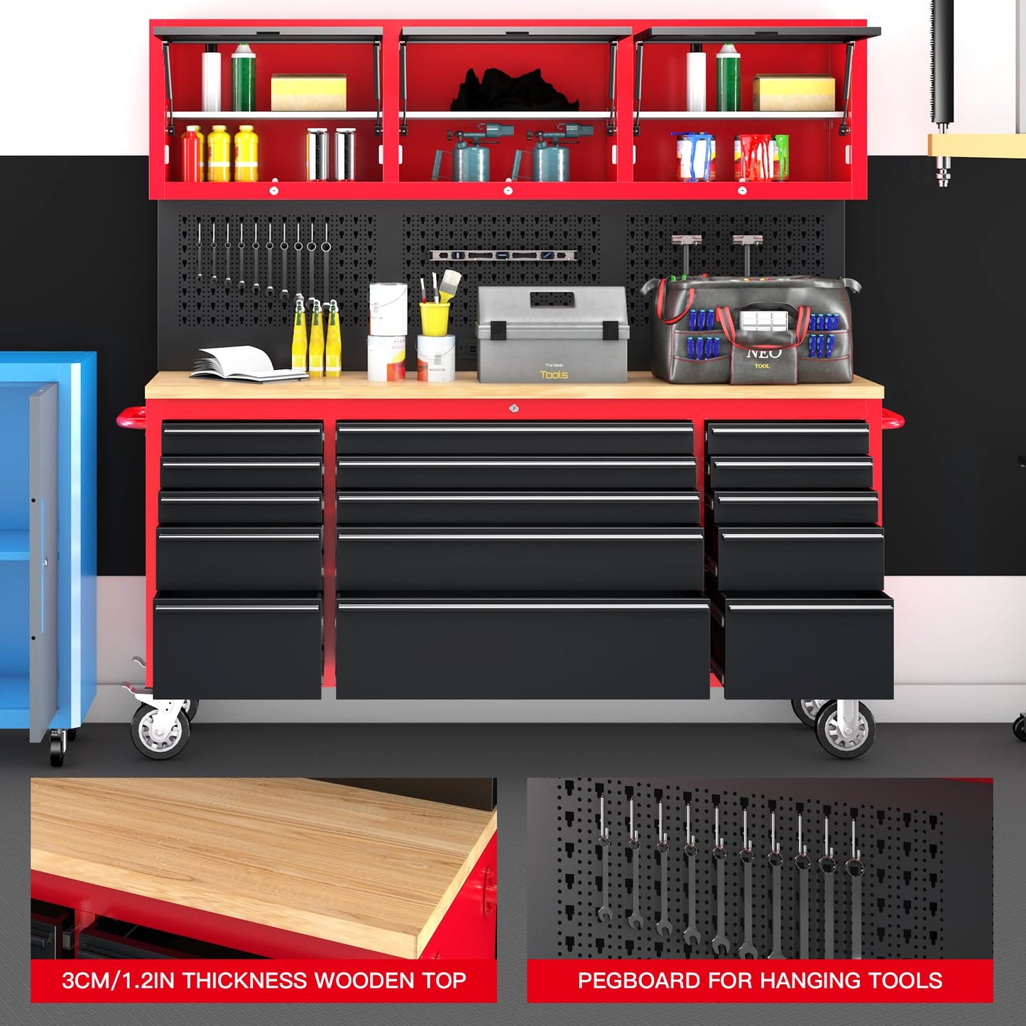 LARBANKE 72" Rolling Tool Chest with 15 Drawers - Heavy Duty Garage Workbench with Power Strip & Pegboard - 18" Deep 1.2" Thick Solid Wood Top, Lockable Tool Storage Cabinet for Professional Mechanic