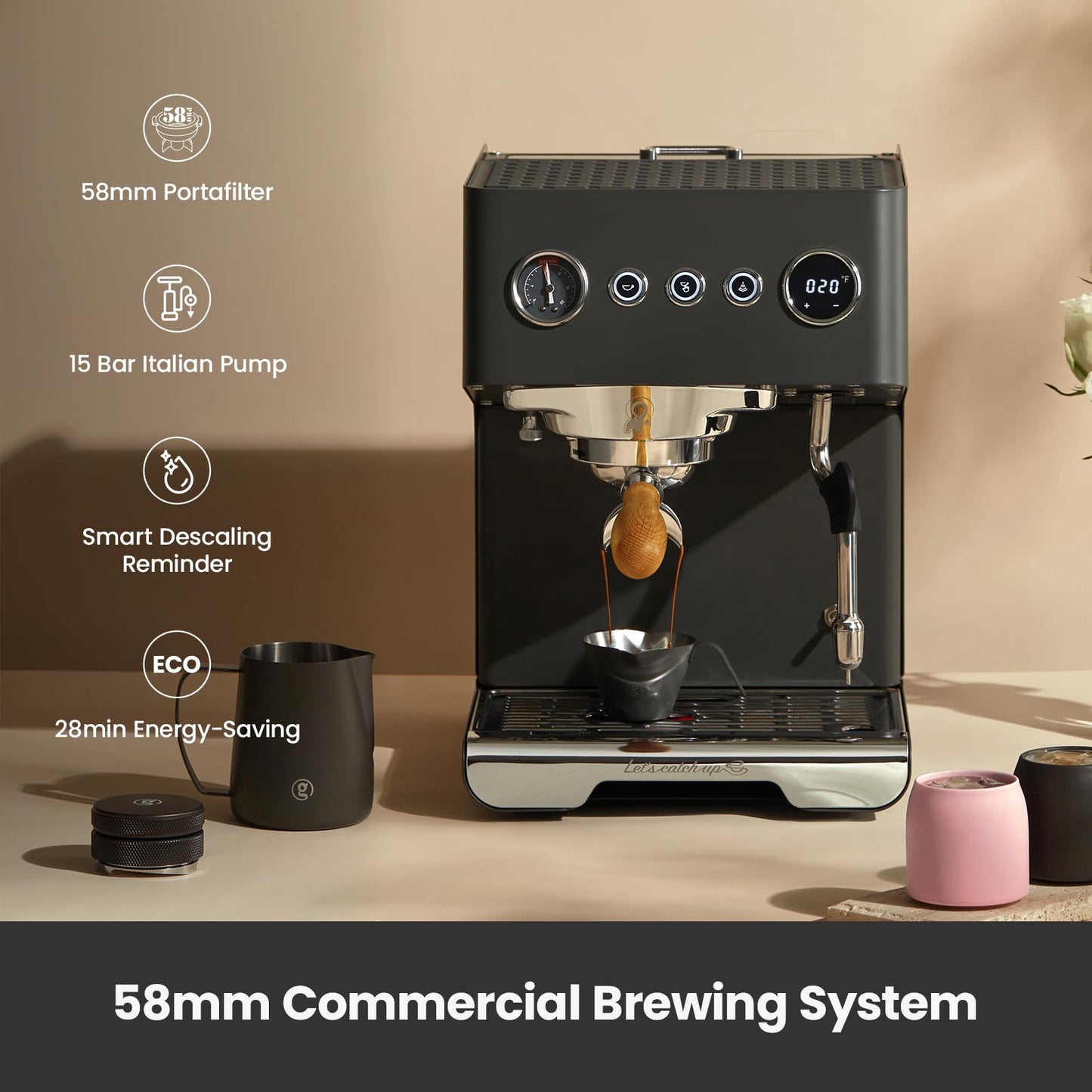 Gemilai G3028A Espresso Machine, 15 Bar Professional Coffee Maker with Adjustable Pressure & Automatic Milk Frother, Dual PID & 550ml Boiler, 57oz Tank, Stainless Steel for Cappuccino, Latte Grey