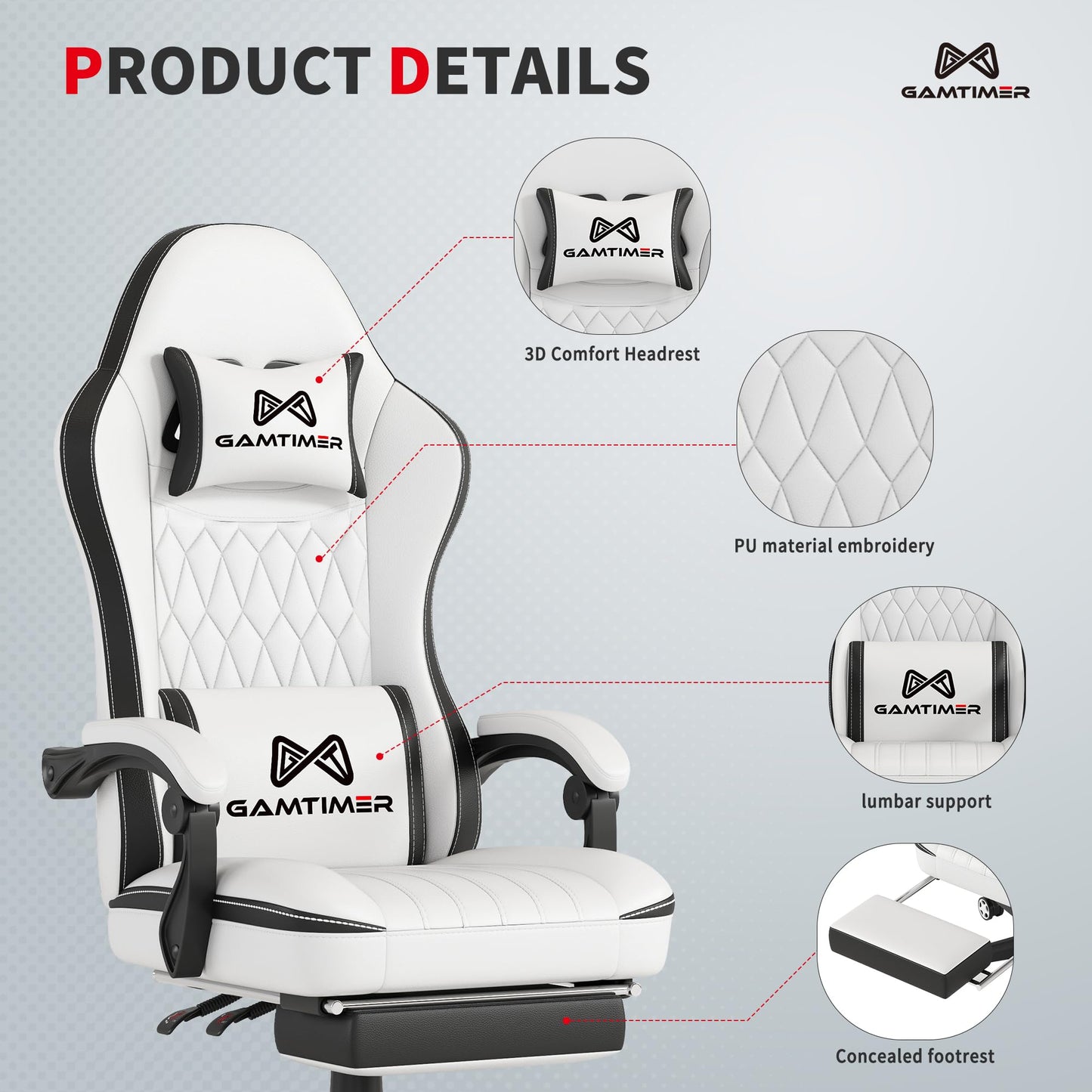Gamtimer Gaming Chair with Footrest, Ergonomic Computer Chair, PU Breathable Material with Headrest and Lumbar Support, Suitable for Silla Gamer and Adults (White)