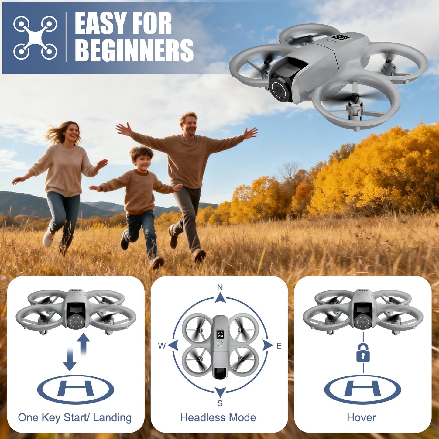 Drone with Camera 1080HD， Features One Key Takeoff/Landing, Altitude Hold, Headless Mode, 3D Flips, Trajectory Flight，3 Speed Modes, Easy to Fly for Beginners