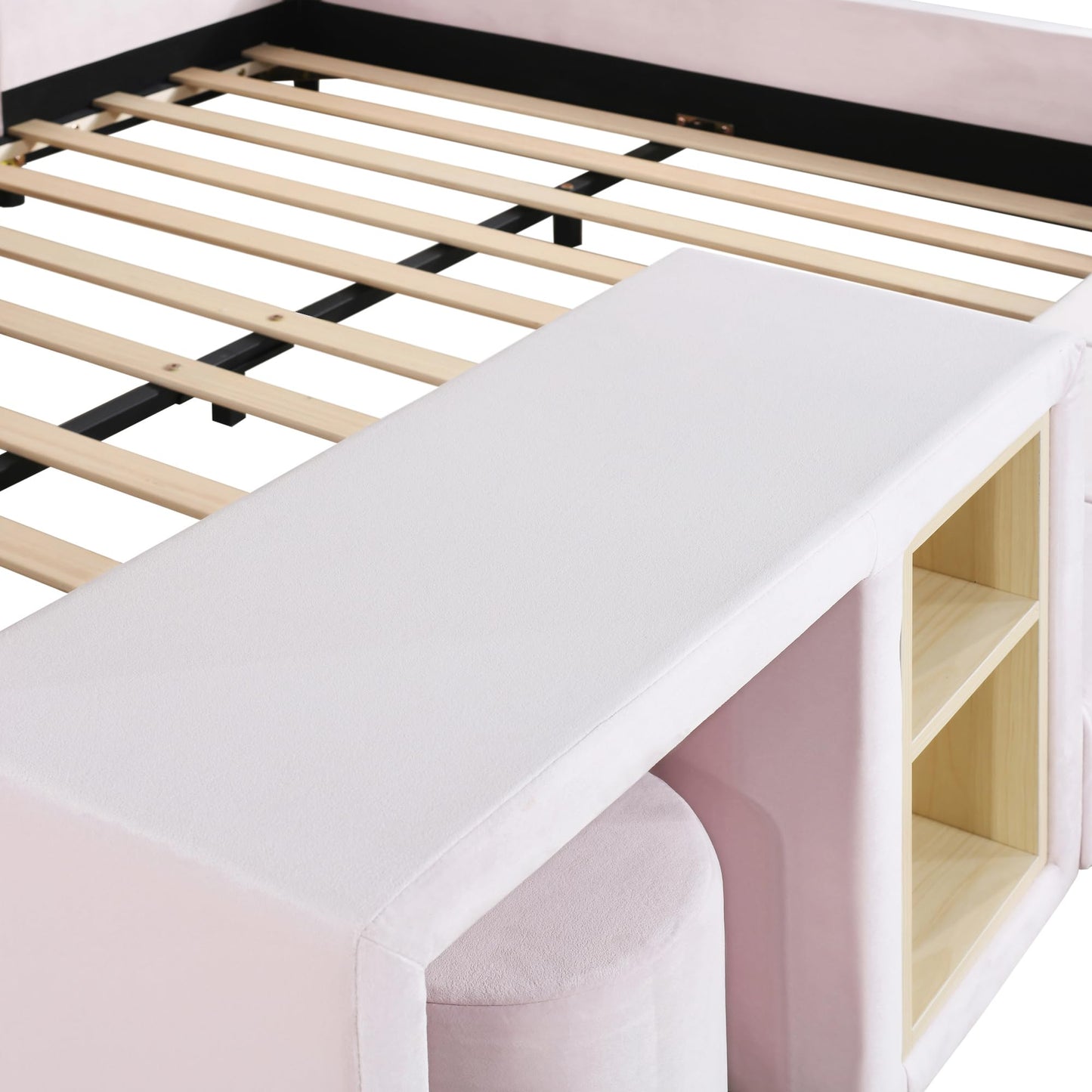 Merax Full Size Velvet Bed Frames Upholstered Grounded Bed, Wooden Mother & Child Bed with Bedside Desk and Little Round Stool,Kids Adults Bedroom Floor Platform Bed,Pink