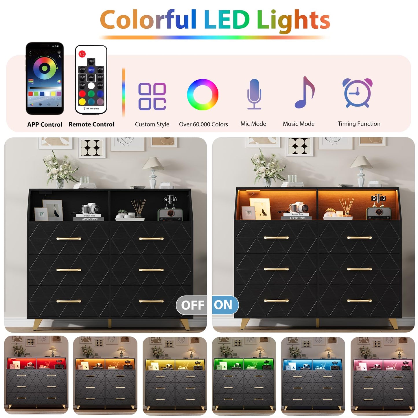 Garvee Modern Black 6 Drawer Dresser with LED Lights & Charging Station – Wide Wooden Entryway Storage Cabinet – Sturdy Metal Legs – TV Stand with Storage Shelf for Bedroom, Hallway – Black