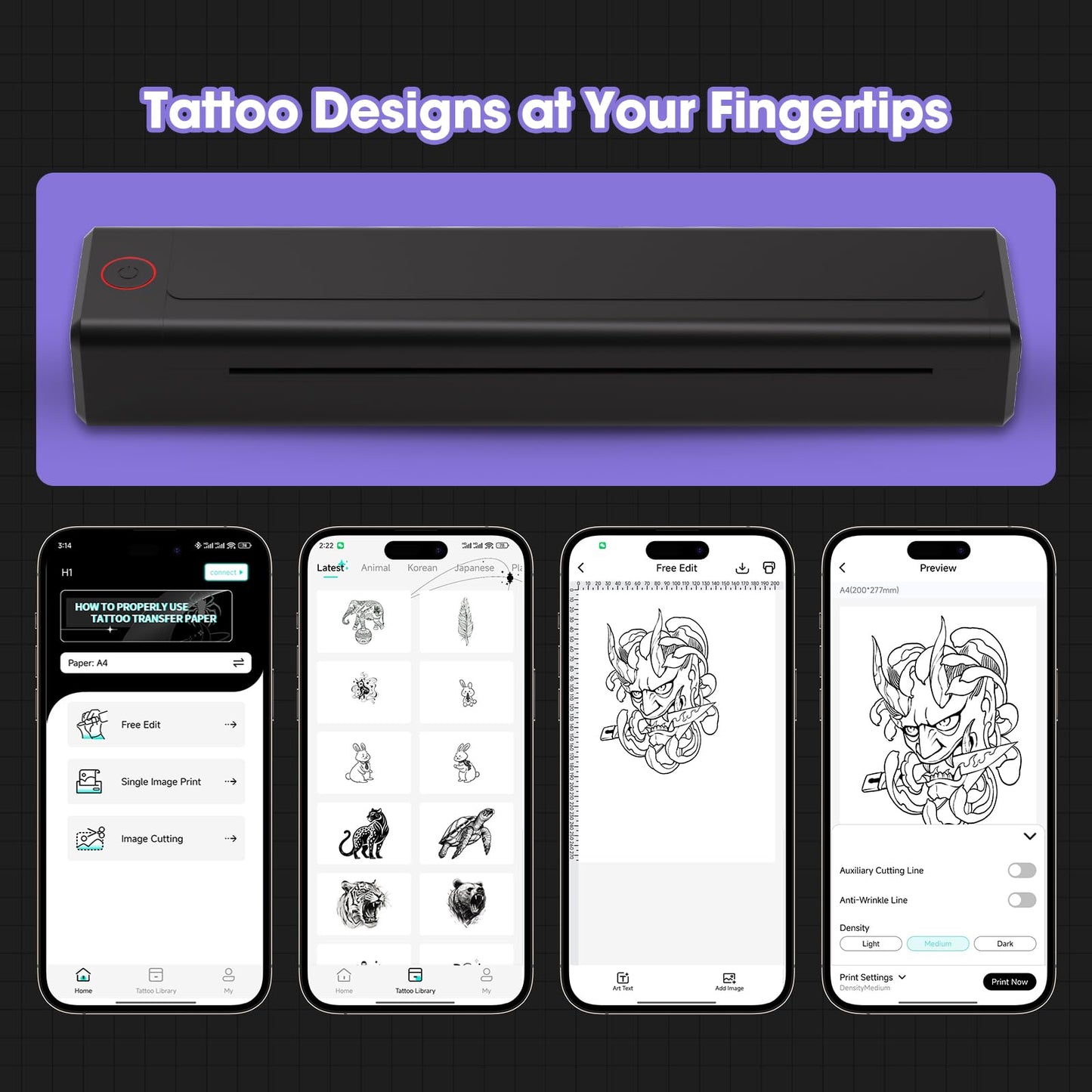 INKin Tattoo Printer Kit - Tattoo Gun with 6 Adjustable Strokes 2.5-4.8mm and 2Pcs 1600mAh Batteries, Portable Tattoo Kit with Revo Tattoo Needles